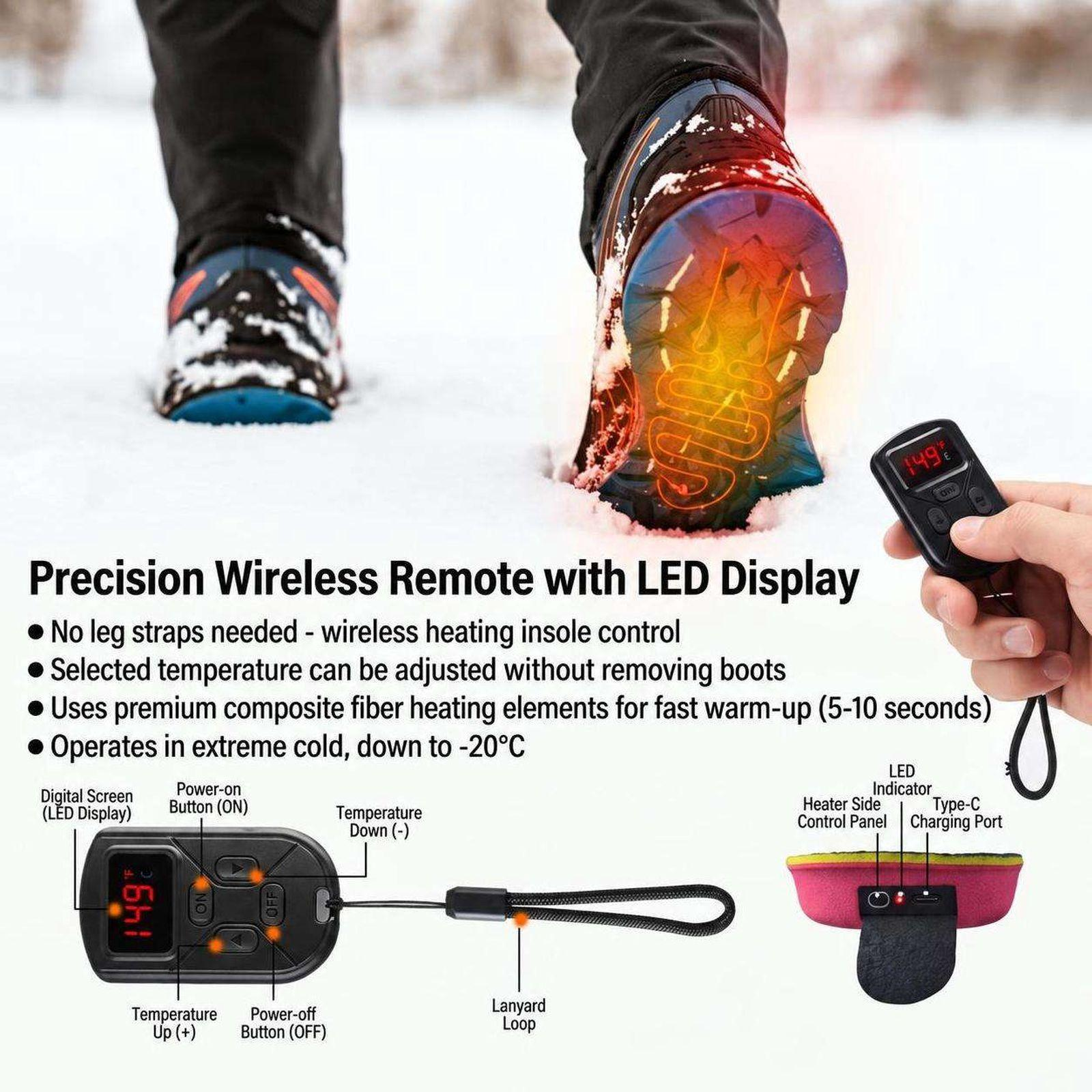 Eine Fernbedienung für beheizbare Einlegesohlen mit LED-Display, Trageschlaufe und Einstellungen unter Schneeschuhen.