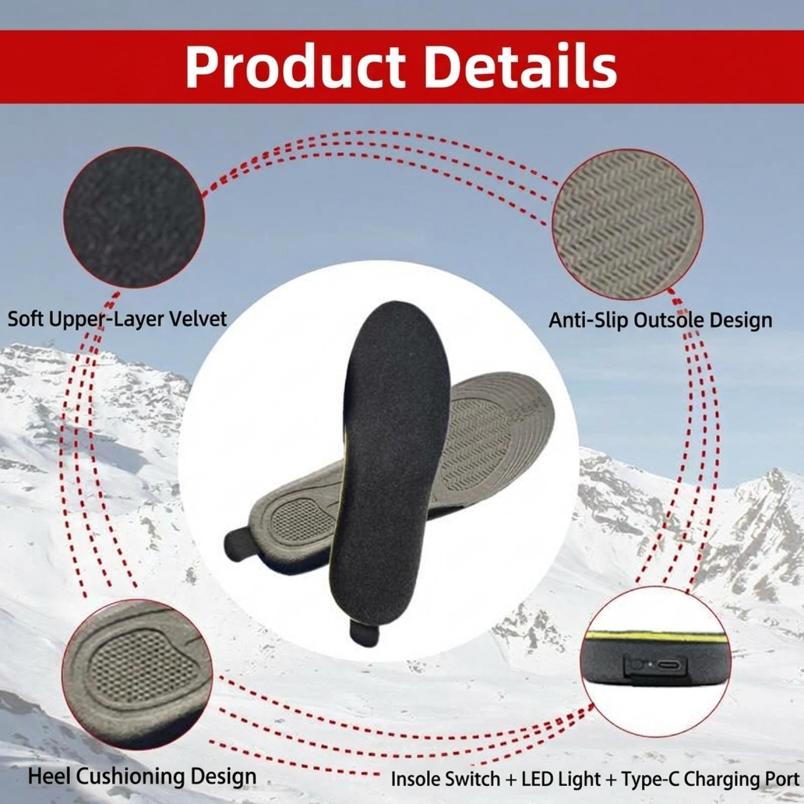 Produktdetails für beheizbare Einlegesohlen mit samtener Oberfläche, rutschfester Sohle und USB-C-Anschluss.