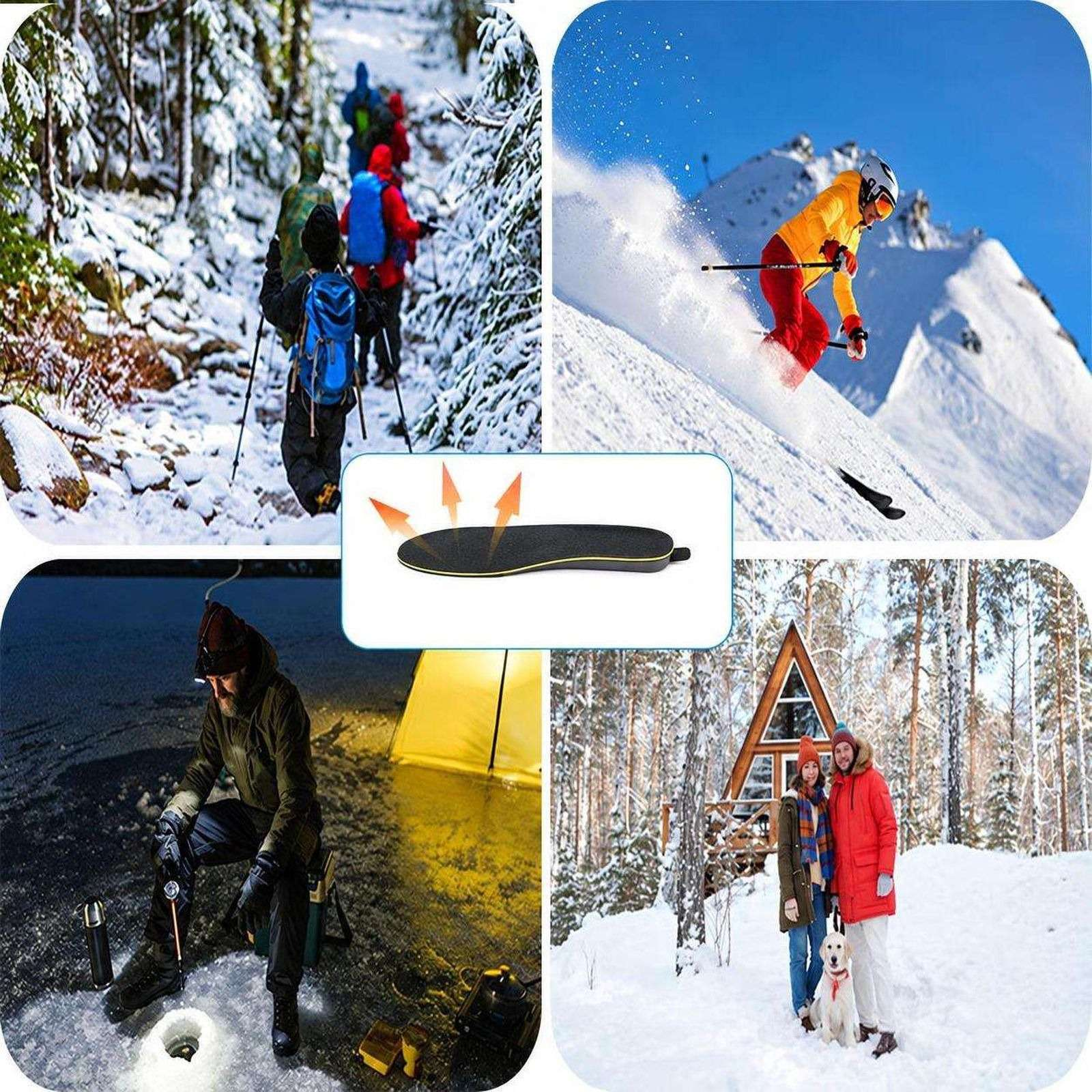 Collage zeigt Personen beim Winterwandern, Skifahren, Eisfischen, einen Hund im Schnee und beheizbare Einlegesohlen.