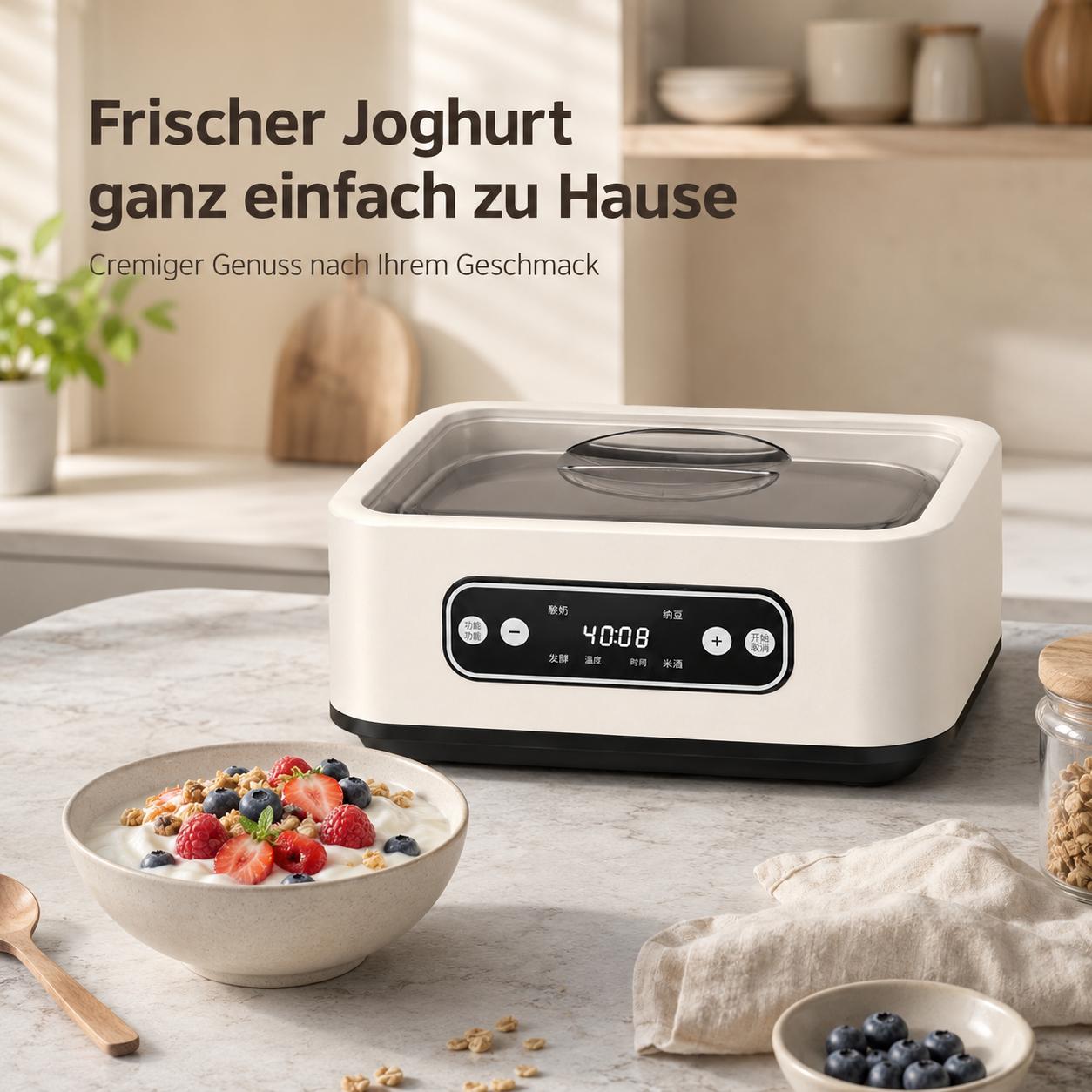 Ein weißer Joghurtbereiter steht auf einer Küchentheke neben einer Schüssel Joghurt mit Beeren.