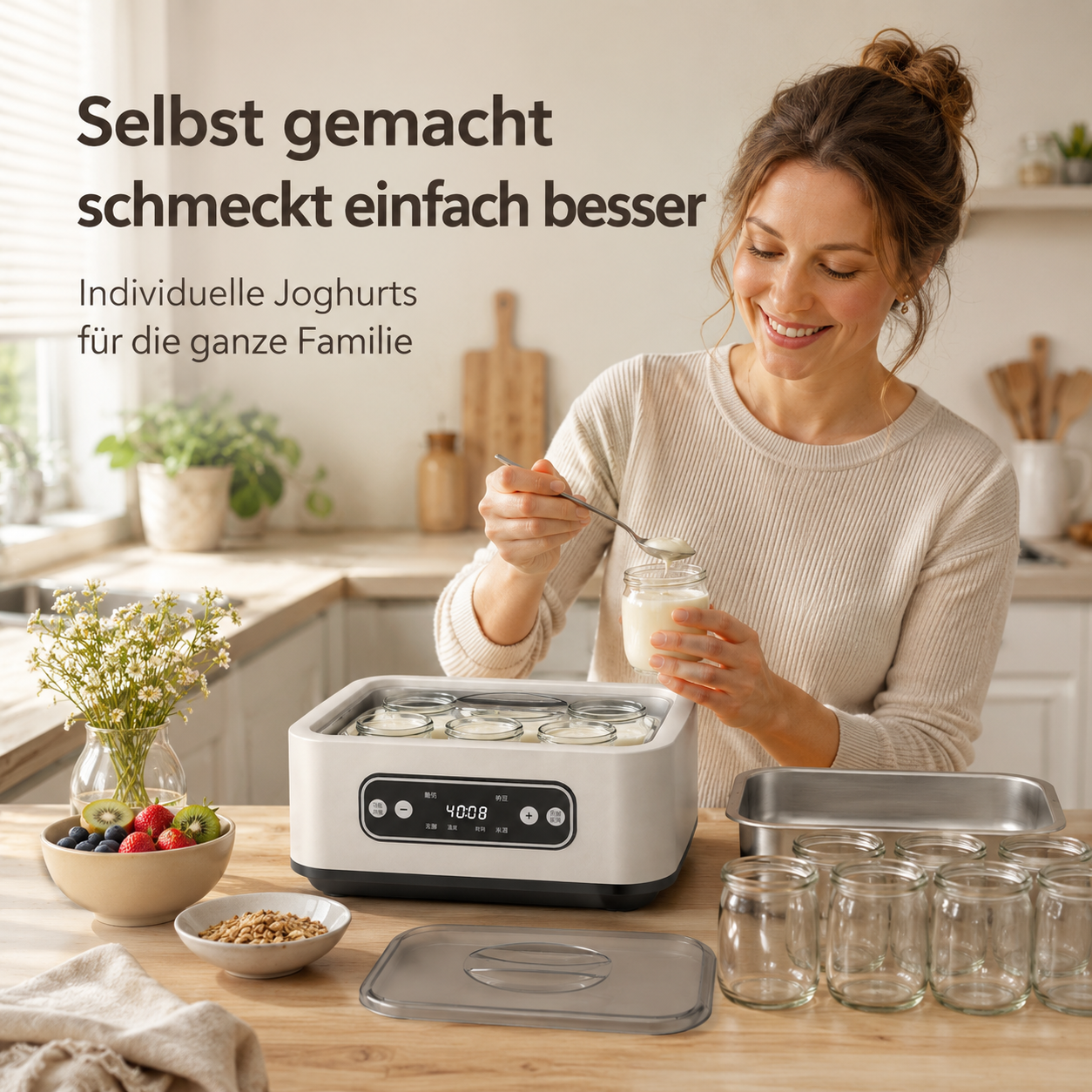 Eine Frau hält einen Löffel Joghurt über ein Glas in einer Küche mit Joghurtbereiter.