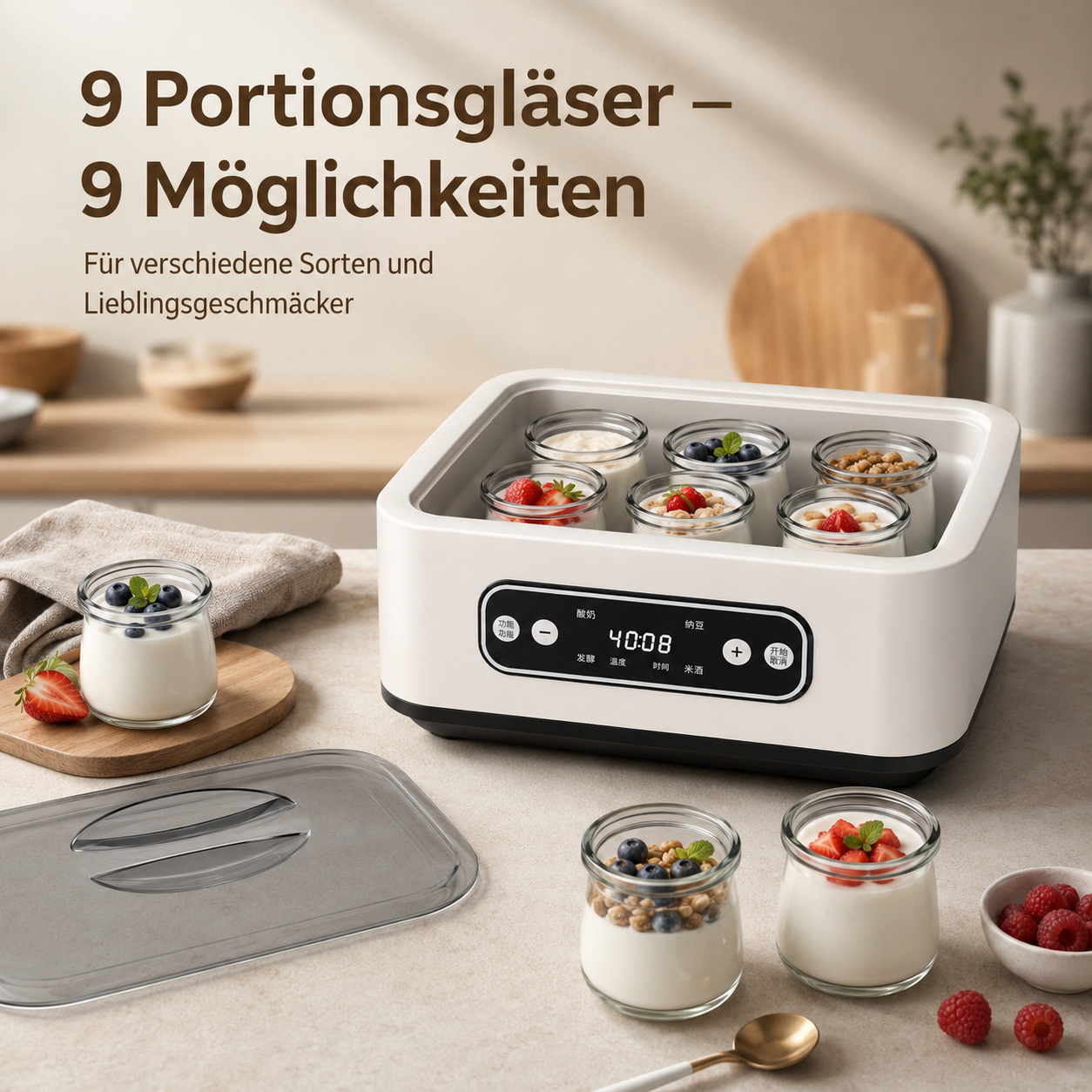 Joghurtbereiter mit gefüllten Gläsern, Beeren und Getreide auf einer Küchentheke.