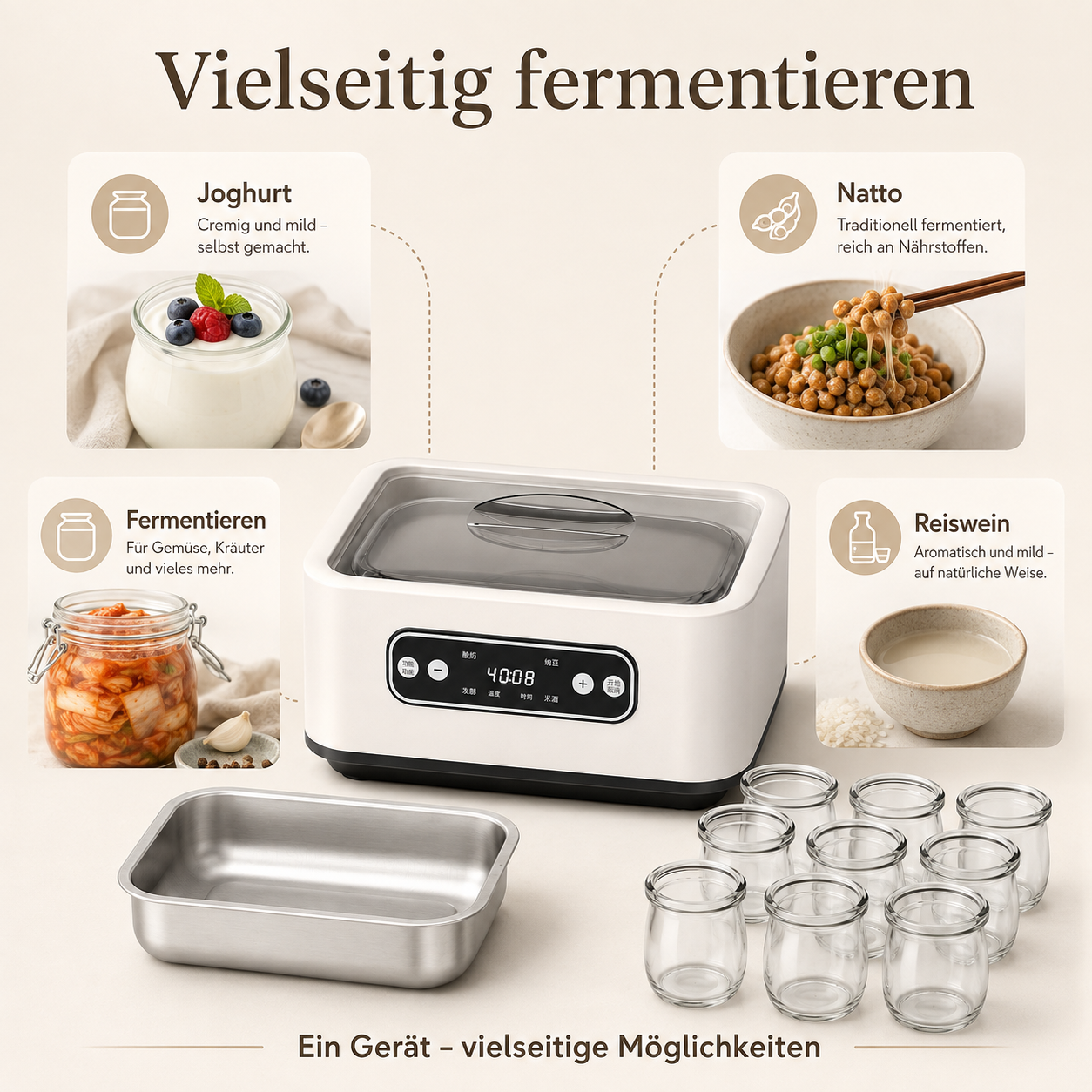 Ein Fermentiergerät mit Gläsern, einem Edelstahlbehälter und vier Lebensmittelbeispielen wie Joghurt und Natto.