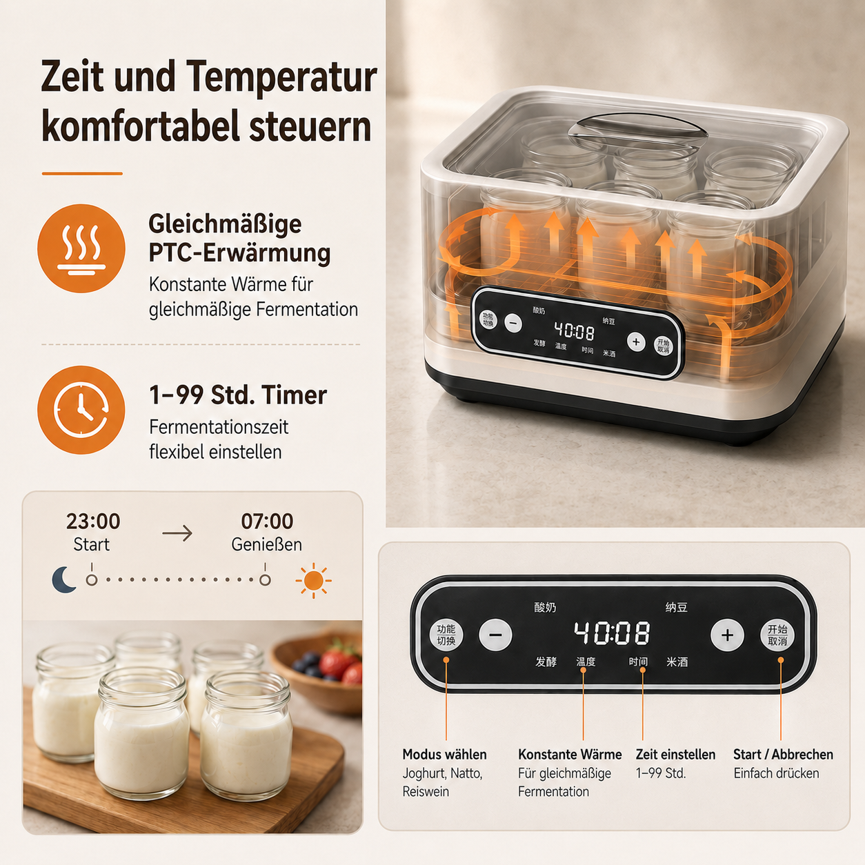 Ein Joghurtbereiter mit Glasbehältern, digitalem Display, Timer und Grafiken zur Temperaturregelung.