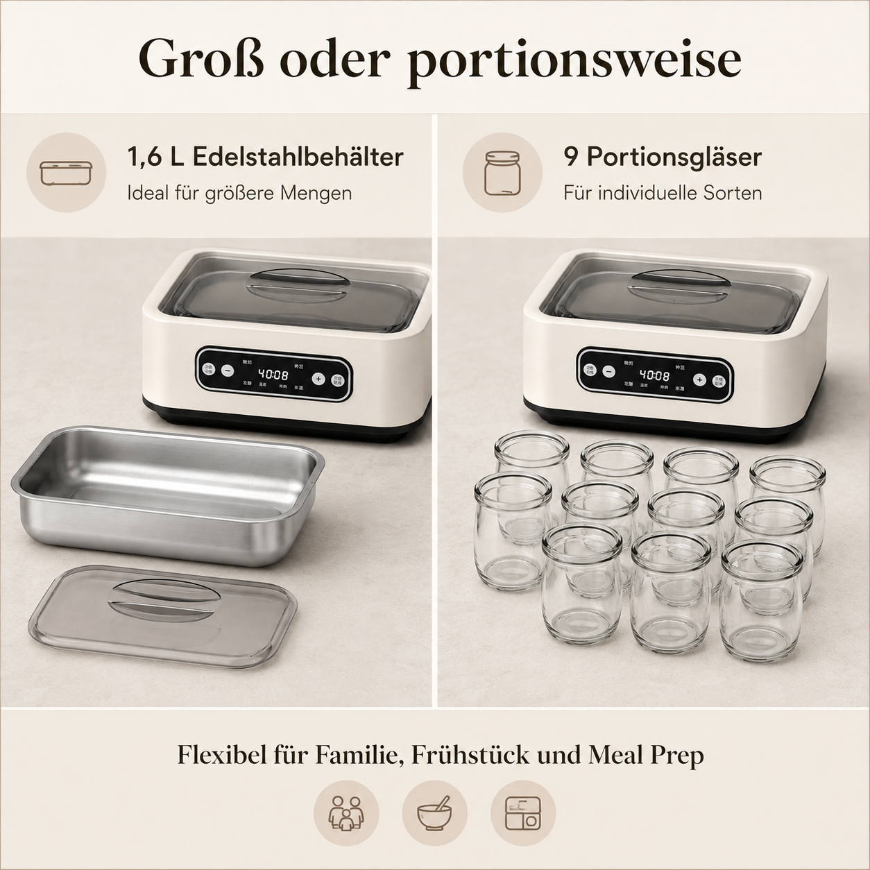 Joghurtbereiter mit Edelstahbehälter und neun Portionsgläsern auf einem Tisch.