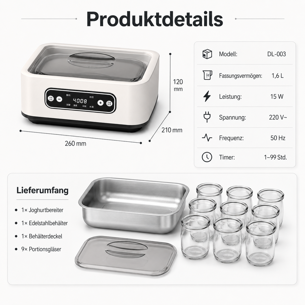 Produkt- und Lieferdetails eines Joghurtbereiters mit Edelstahlbehälter und neun Gläsern sowie technischen Daten.