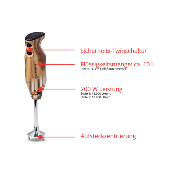 Holzfarbener Stabmixer mit roten Linien und deutschen Beschriftungen zu seinen technischen Merkmalen.