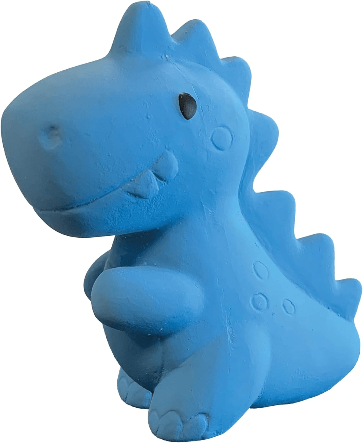 Un pequeño juguete de dinosaurio de goma azul claro con espinas en la espalda sonriendo.
