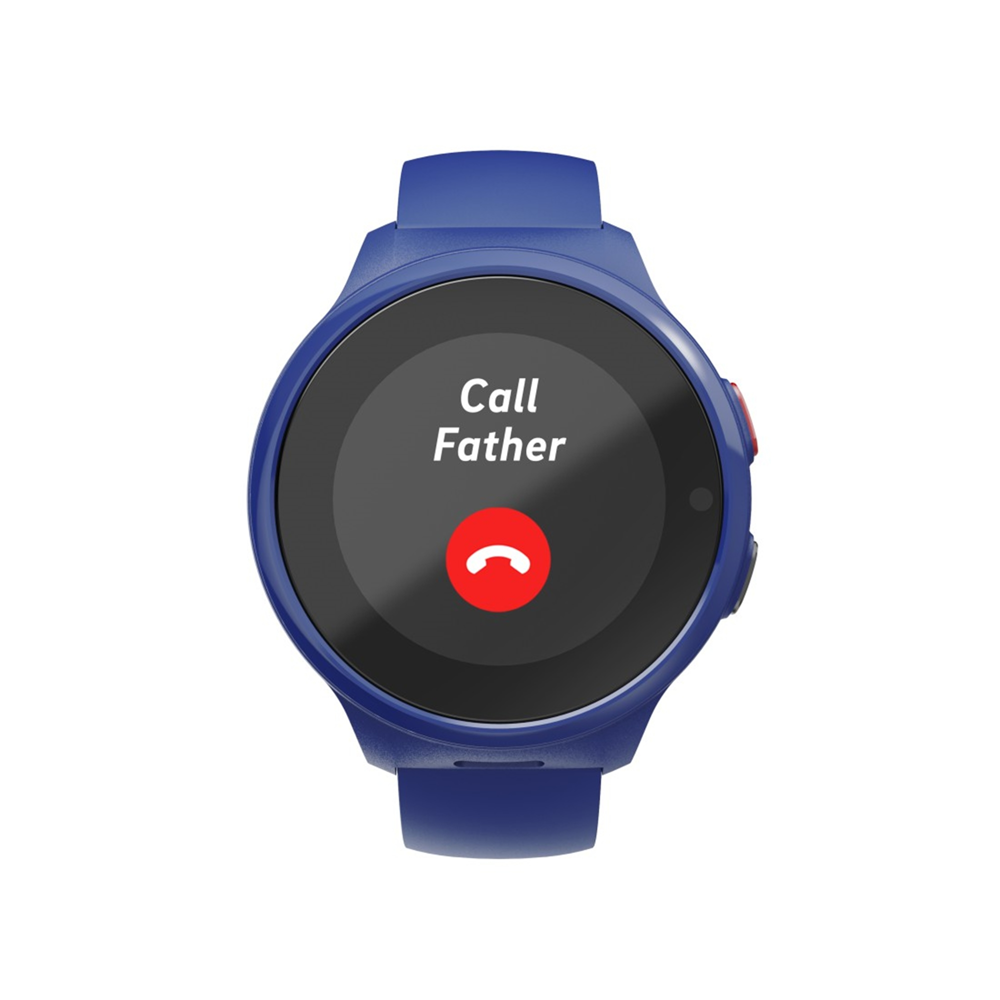 Blaue Smartwatch mit der Anzeige 'Call Father' und einem roten Auflegesymbol.