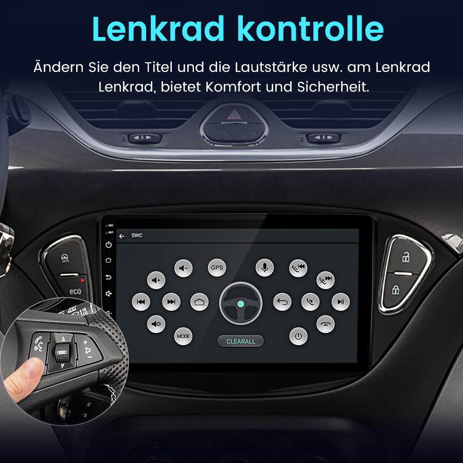 Autoinnenraum mit Touchscreen, der Lenkrad-Bedienungsfunktionen anzeigt, und Inset des Lenkrads.
