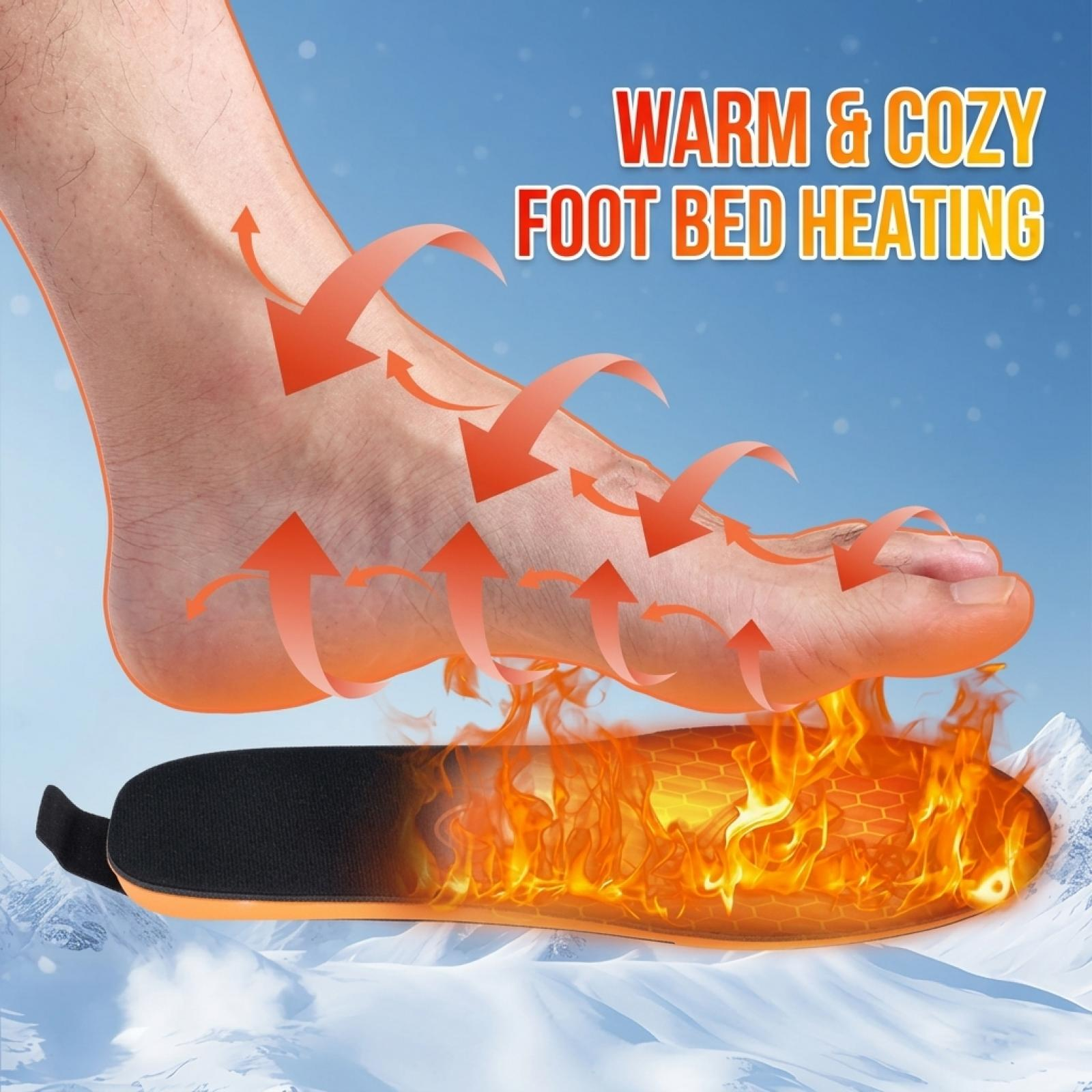 Fuß auf einer beheizten Sohle mit Flammen, Text: WARM AND COZY FOOT BED HEATING, schneebedeckter Hintergrund.