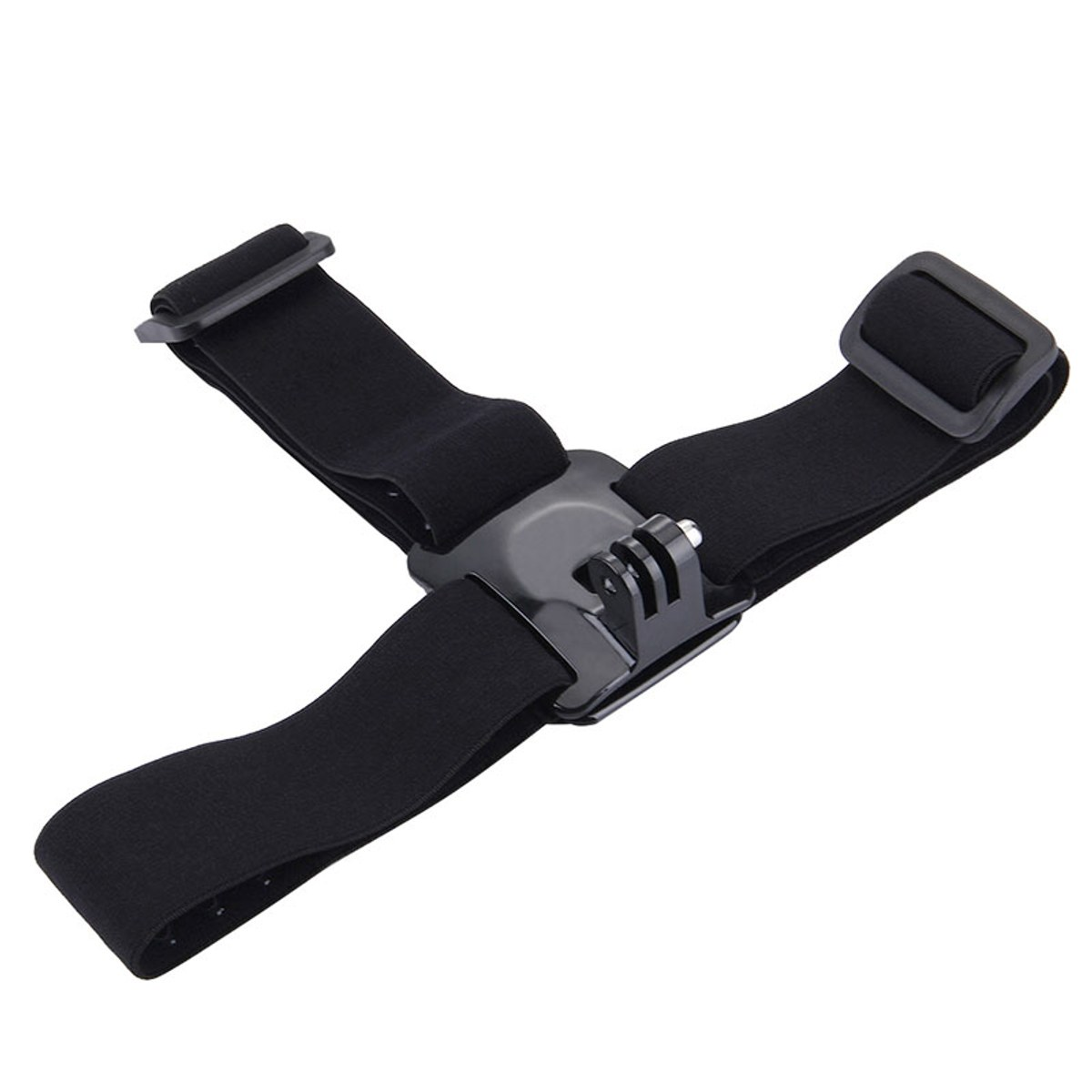 Een zwarte hoofdbandmount voor action-cams met verstelbare elastische banden en een kunststof beugel.