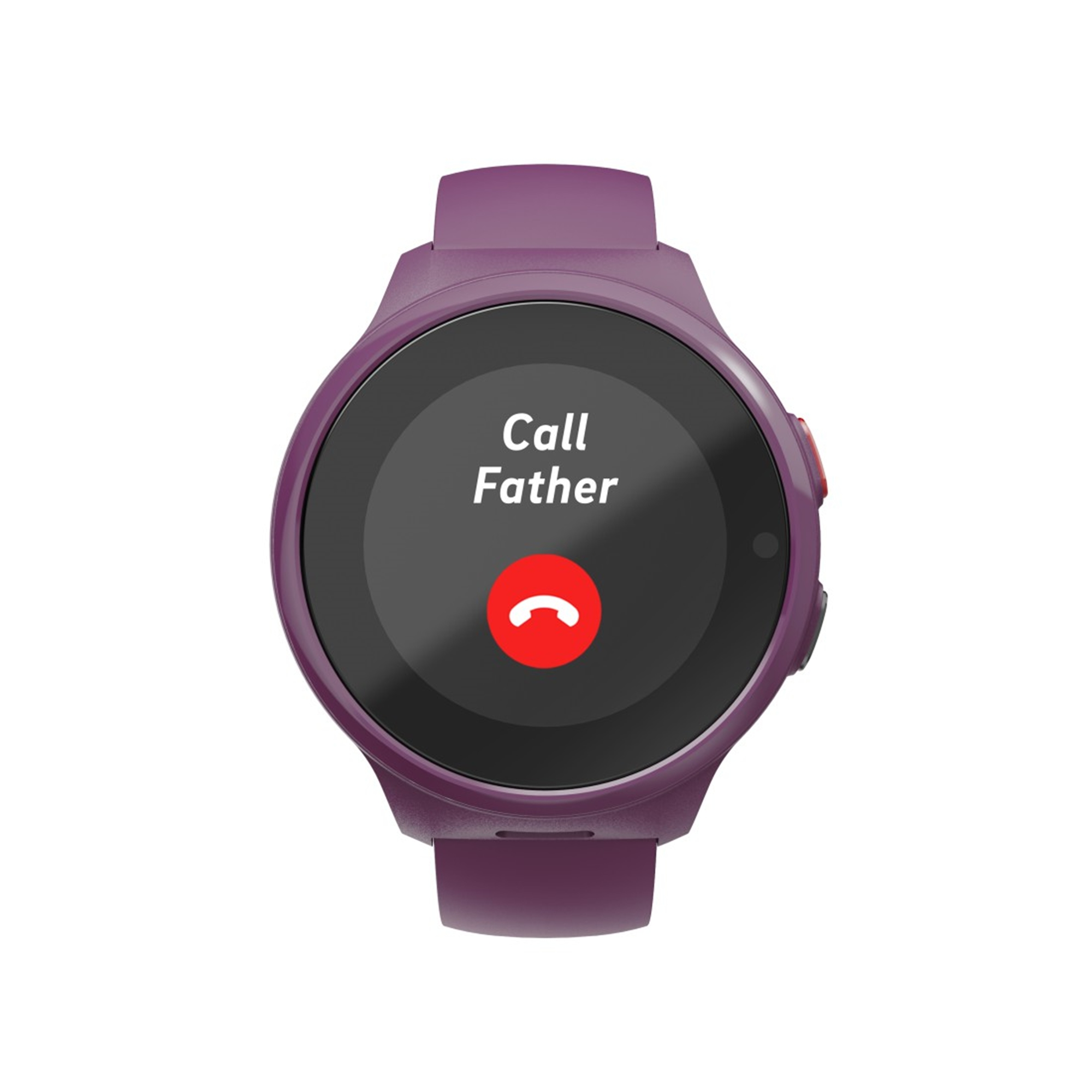 Violette Smartwatch mit der Anzeige 'Call Father' und einem roten Auflegesymbol.