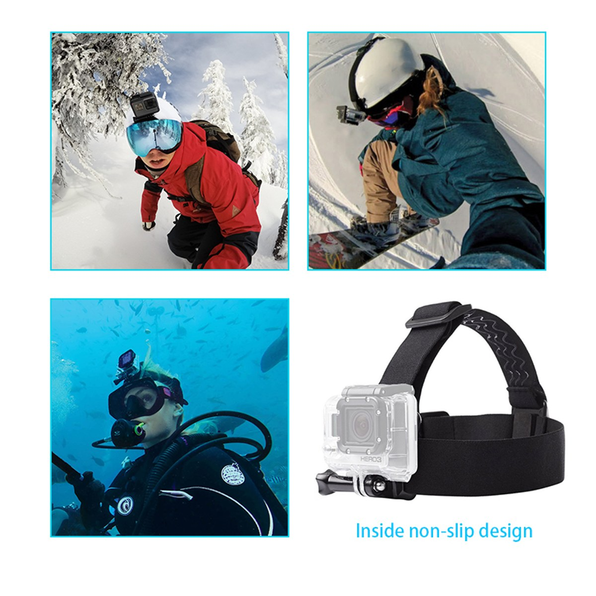Een vierdelige collage met skiërs, snowboarders, duikers en een actiecamera-hoofdband.