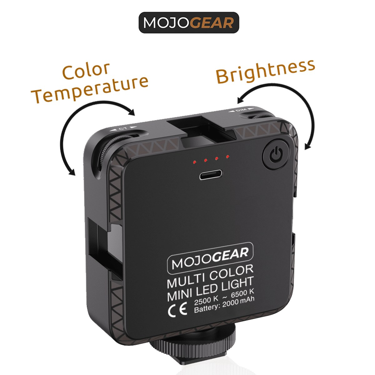 Zwarte MojoGear mini LED-lamp met knoppen voor kleurtemperatuur en helderheid op een witte achtergrond.