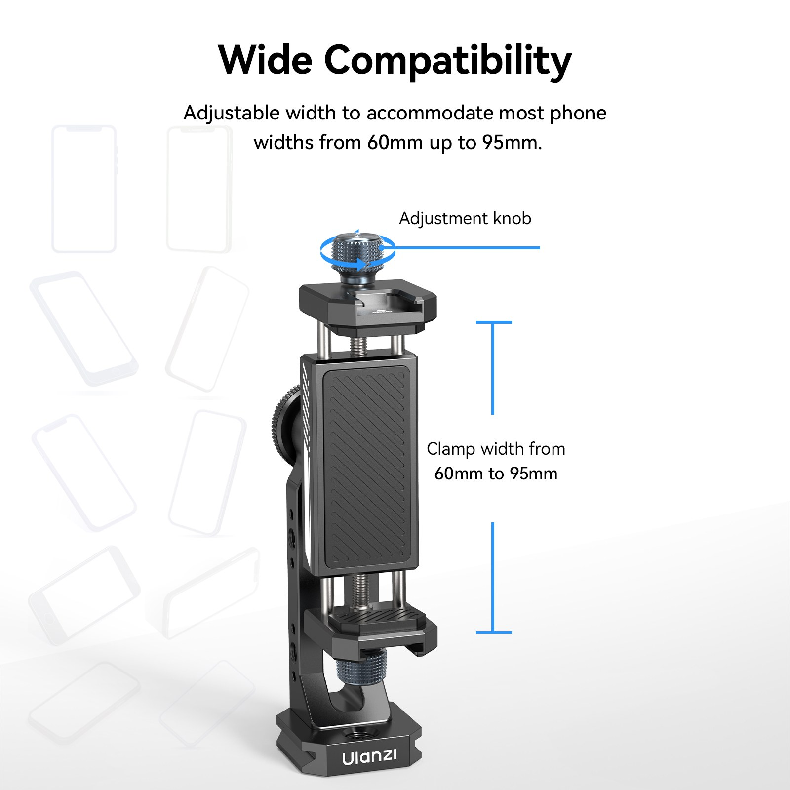 Support de téléphone réglable avec bouton de réglage et largeur de serrage de 60 à 95 mm.