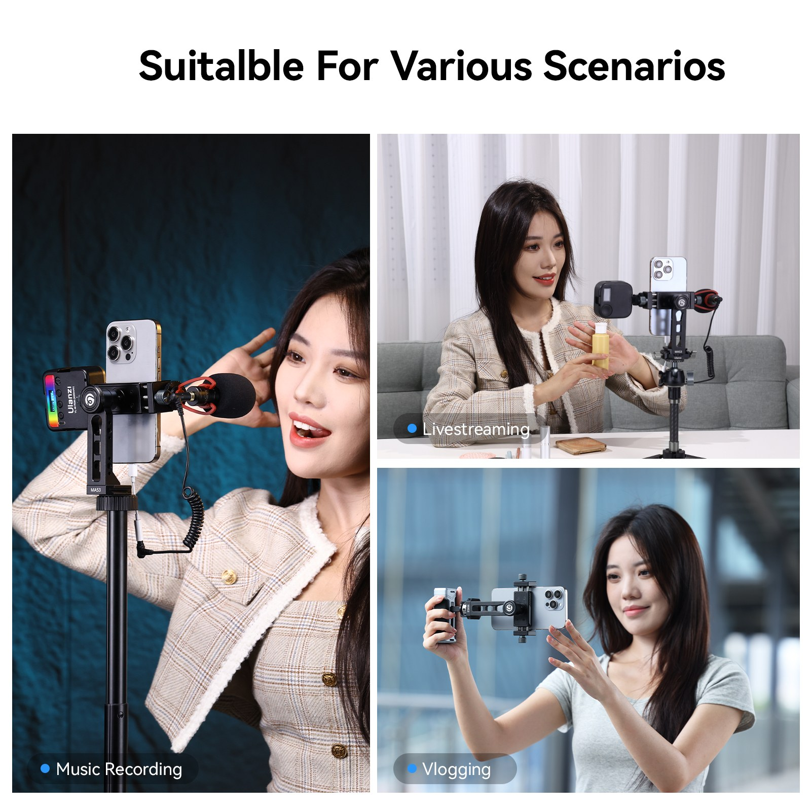Une femme utilise un support pour smartphone avec micro et lumière pour l'enregistrement, le live et le vlog.