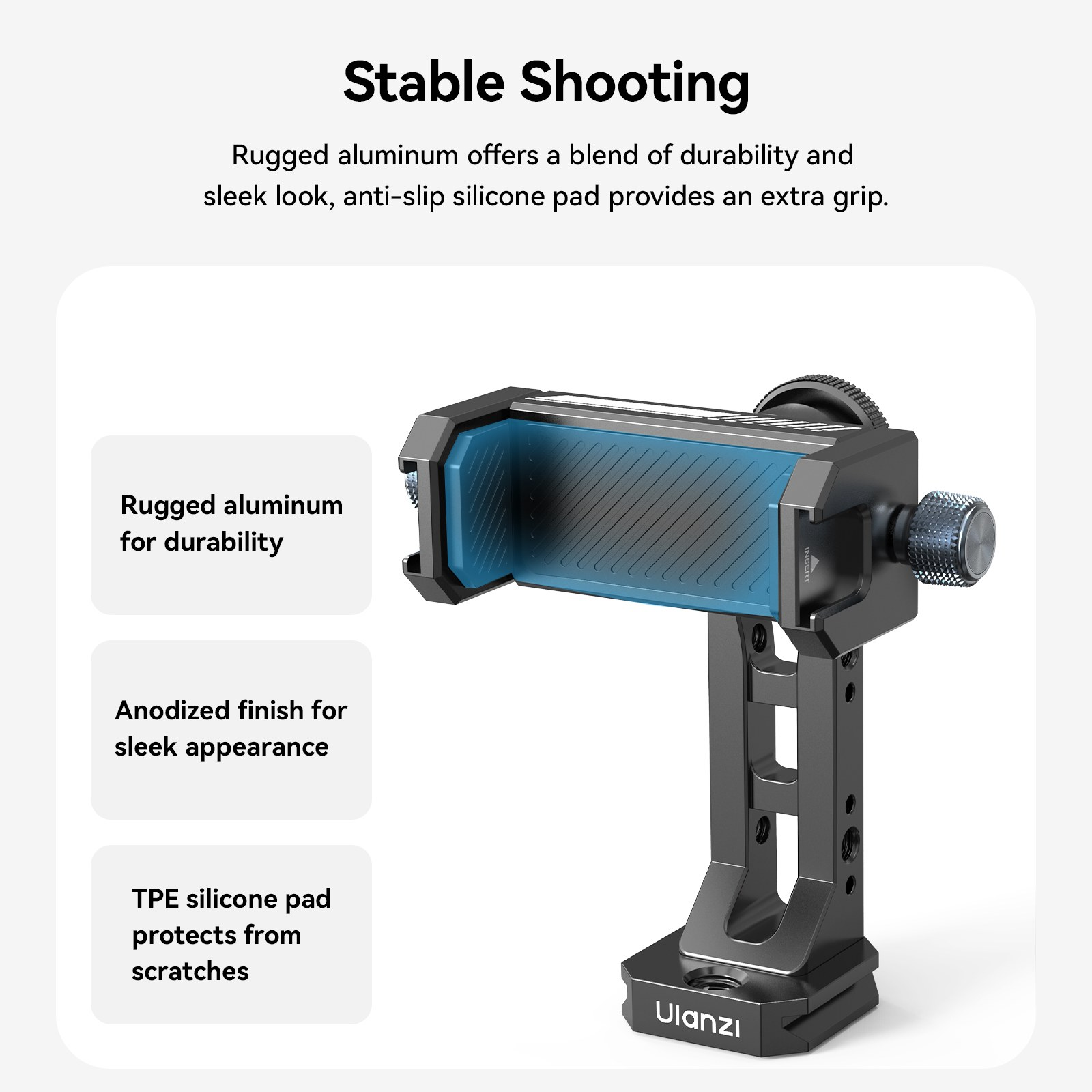 Support de smartphone stable en aluminium avec coussinets en silicone bleu.