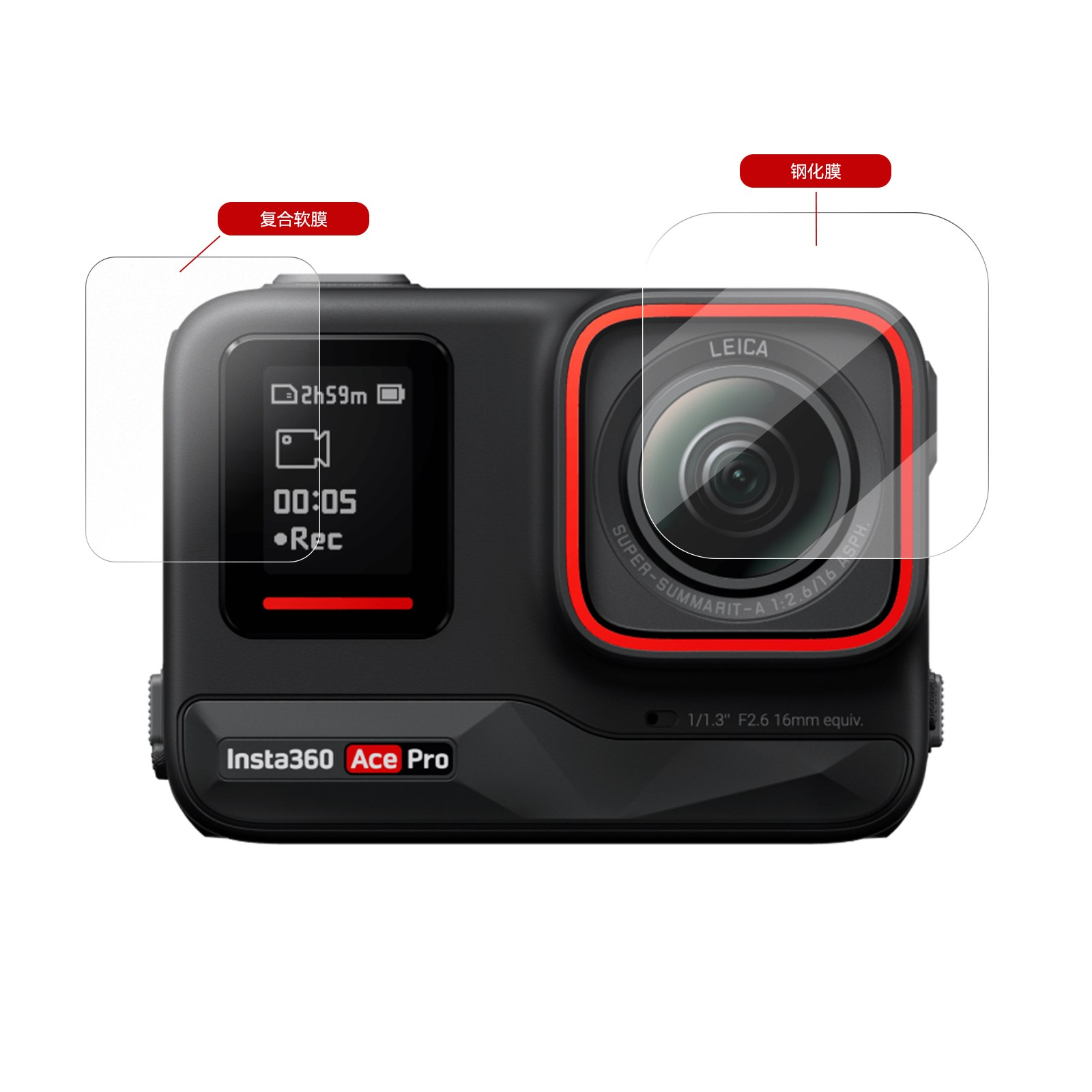 Zwarte Insta360 Ace Pro actioncam met schermbeveiligingsdiagrammen.