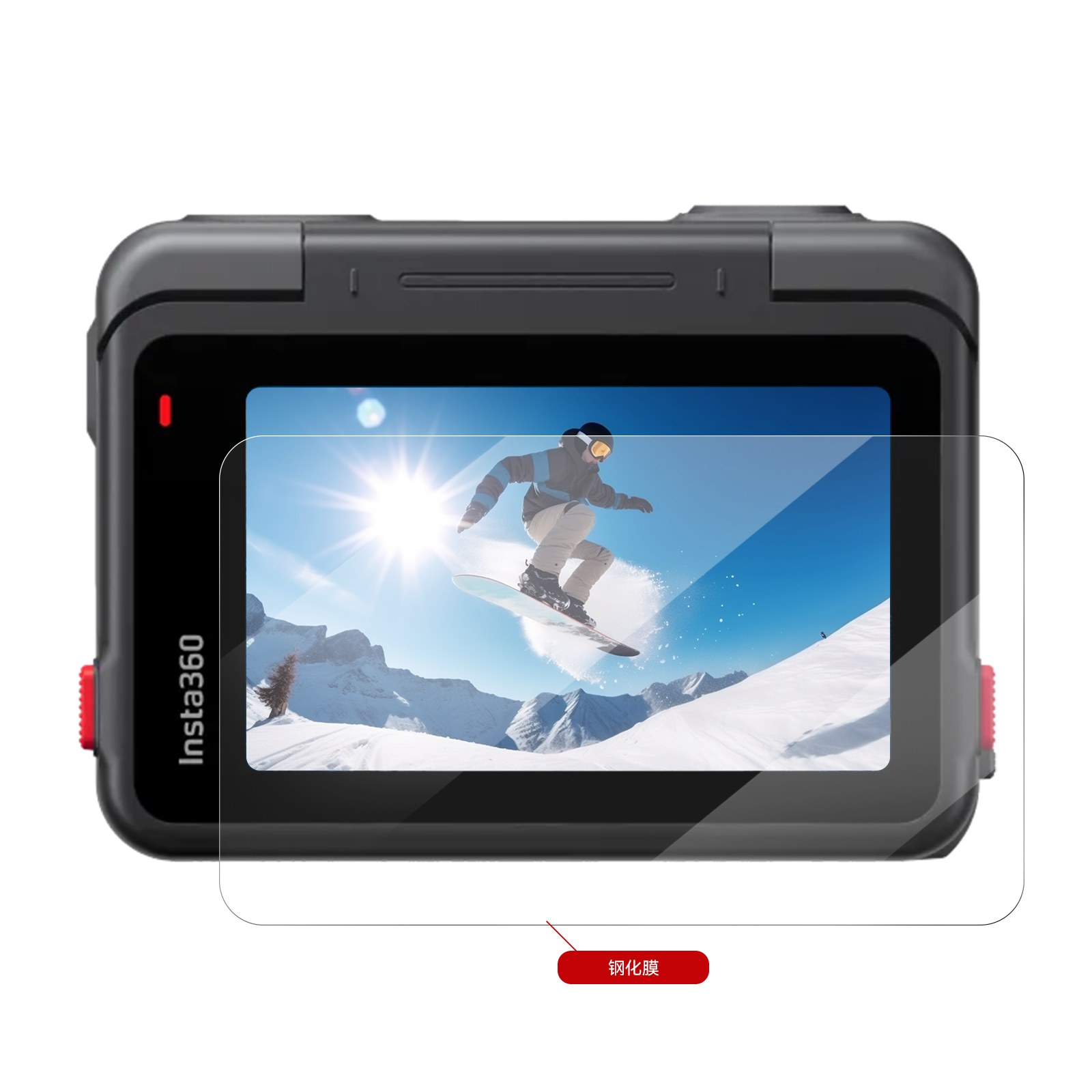 Zwarte actiecamera met schermbeschermer die een snowboarder in een besneeuwd landschap toont.