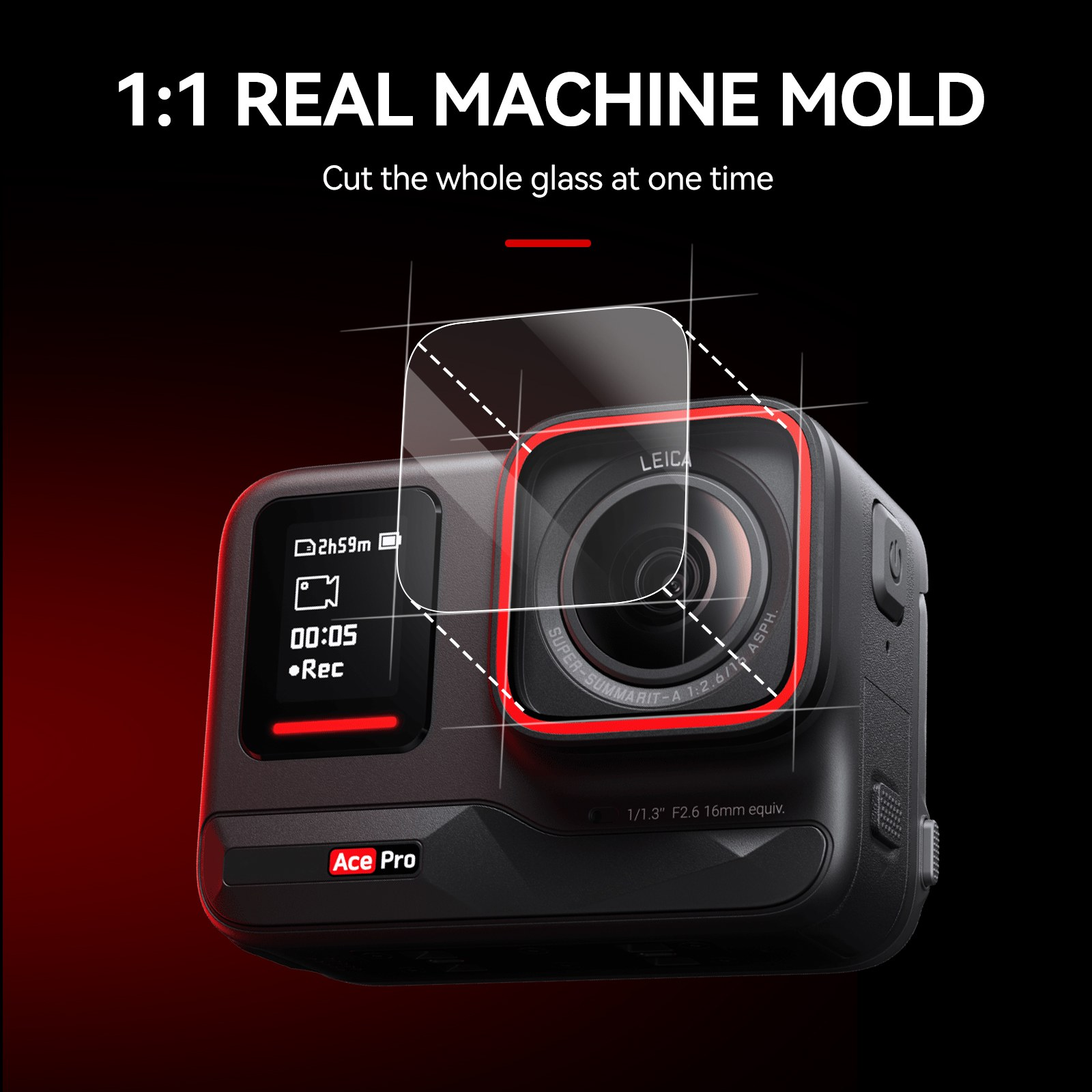 Een actiecamera met schermprotector en labels.