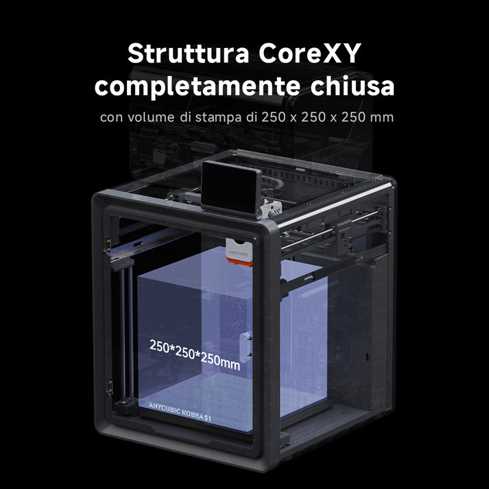 Stampante 3D completamente chiusa con volume di stampa di 250x250x250 mm e struttura CoreXY.