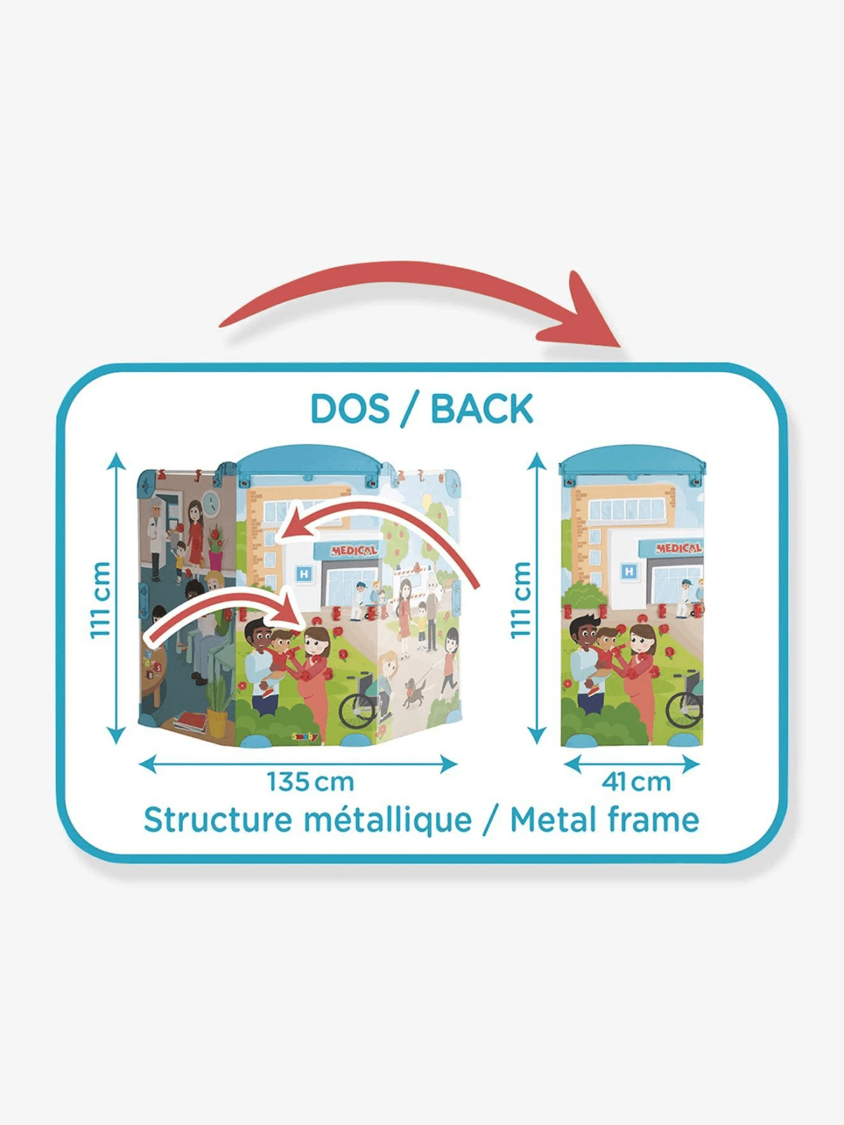 Diagrama que muestra la parte posterior y dimensiones de una estructura médica de metal de 135x41x111 cm.