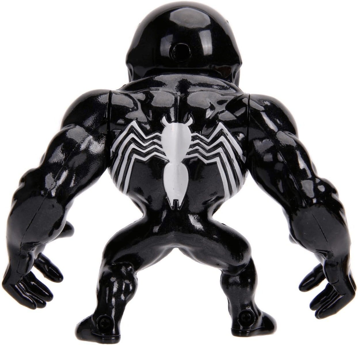Vista trasera de una figura de Venom negra, mostrando su físico musculoso y un símbolo de araña blanca en la espalda.