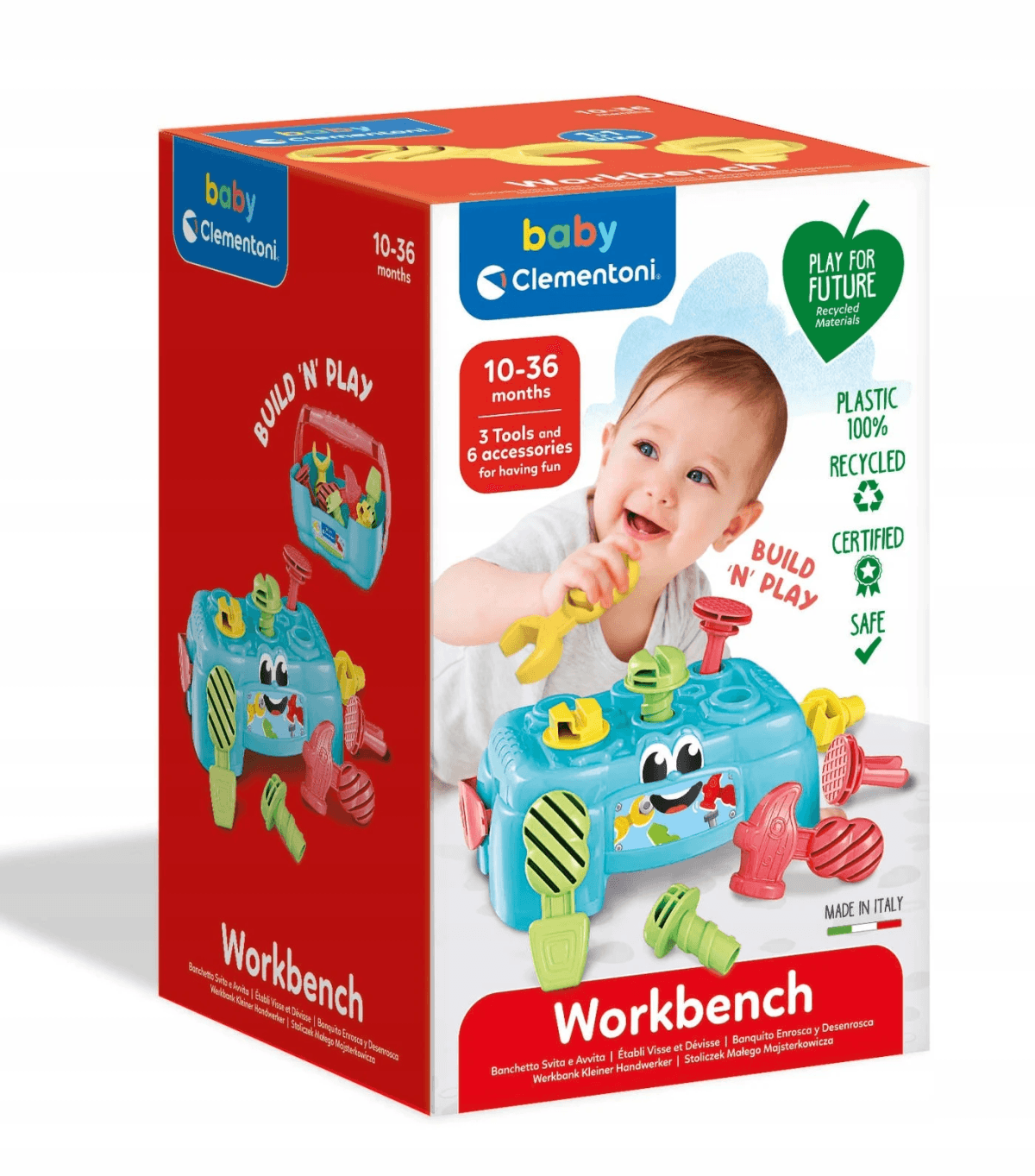 Embalaje del banco de trabajo Baby Clementoni con un niño sonriente y herramientas de plástico.