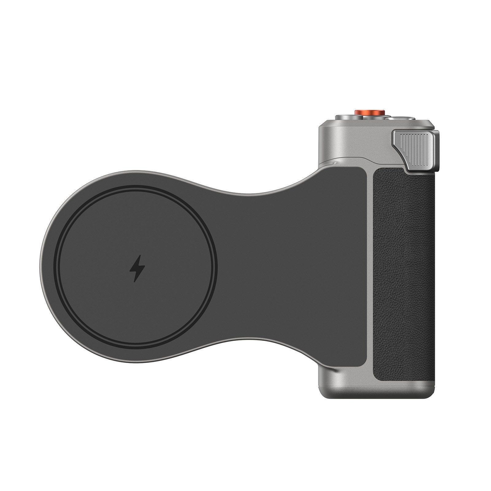 Grijze smartphonegrip met ingebouwde draadloze oplader en rode knop bovenop.