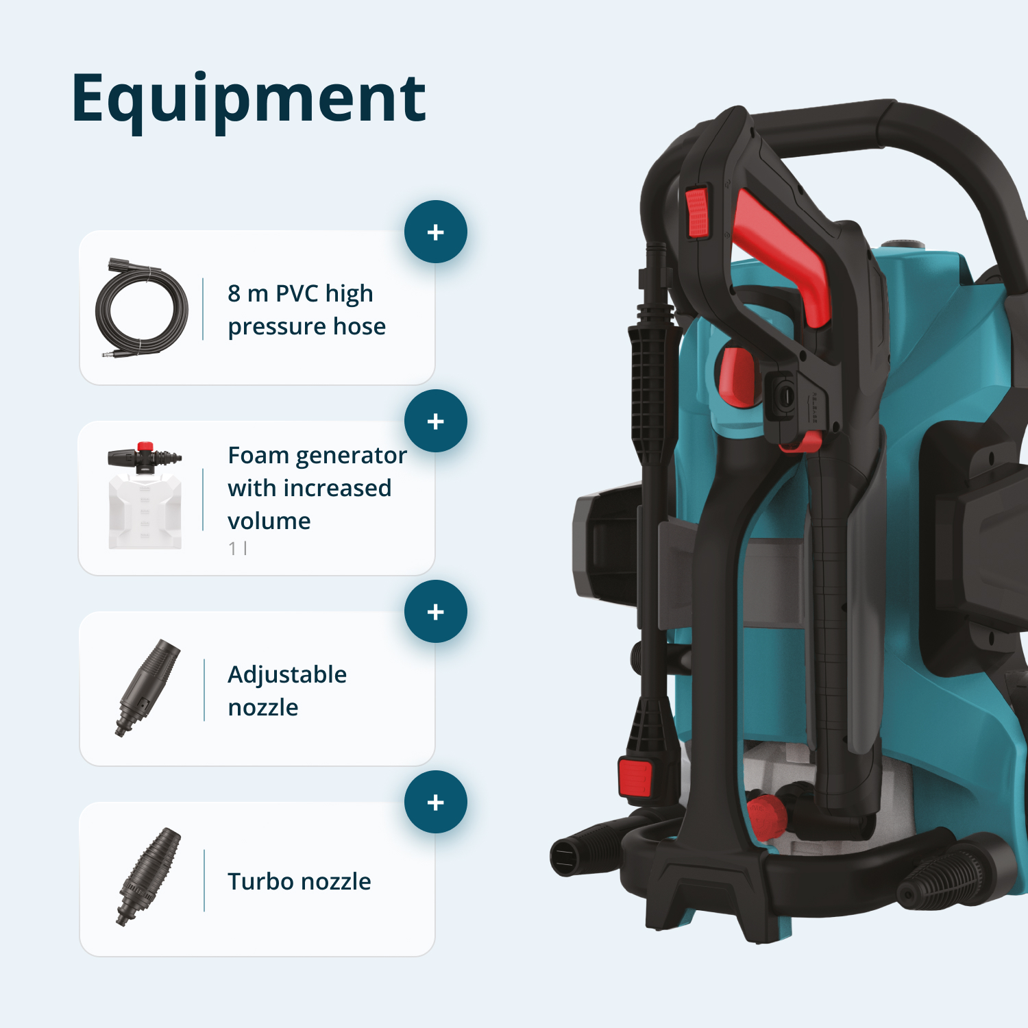Idropulitrice blu con accessori tra cui tubo, generatore di schiuma, ugello regolabile e ugello turbo.