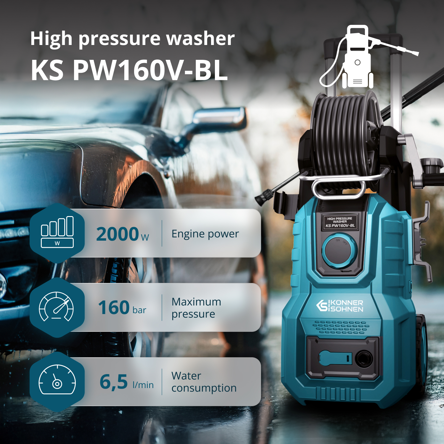 Idropulitrice turchese KS PW160V-BL accanto a un'auto lavata con specifiche tecniche.