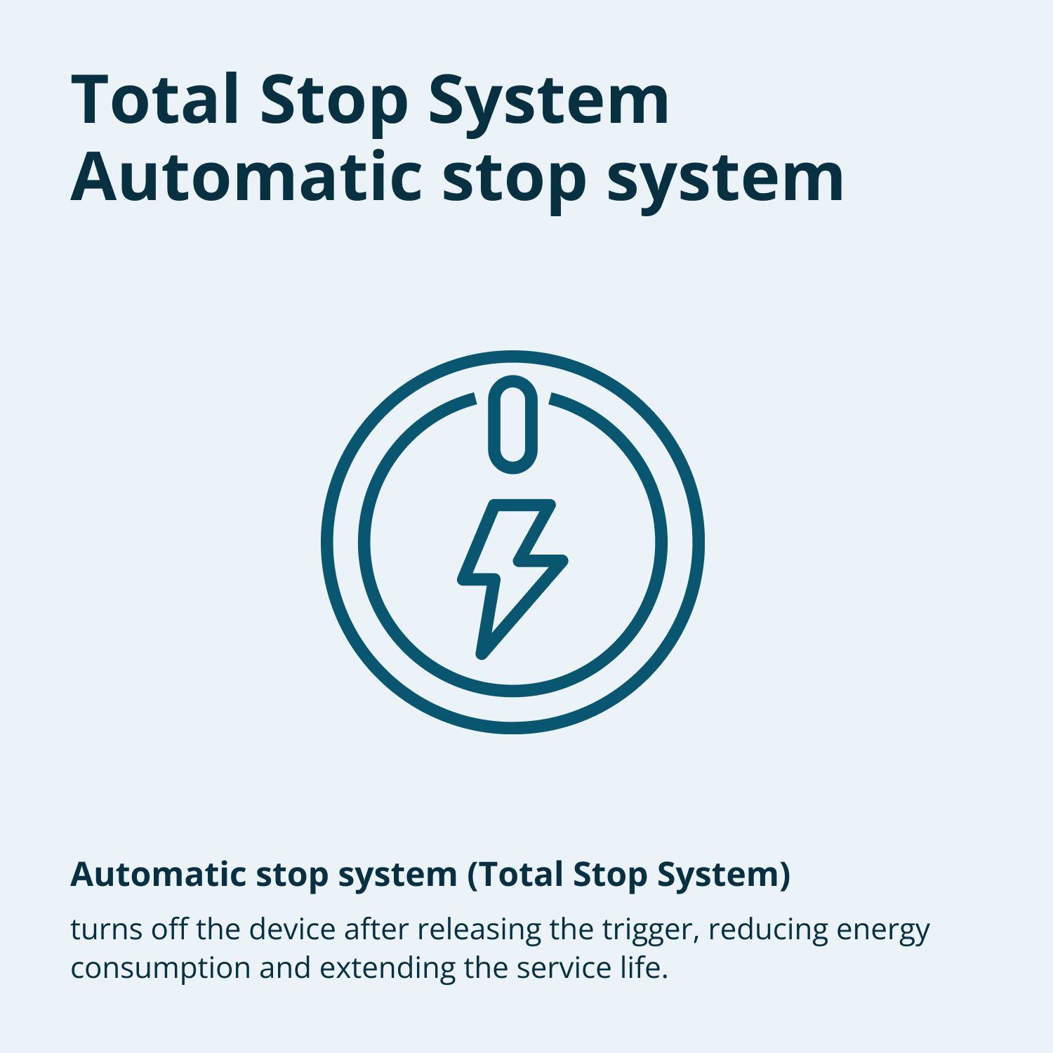 Logo del Total Stop System con un cerchio, un simbolo di accensione e un fulmine su sfondo chiaro.