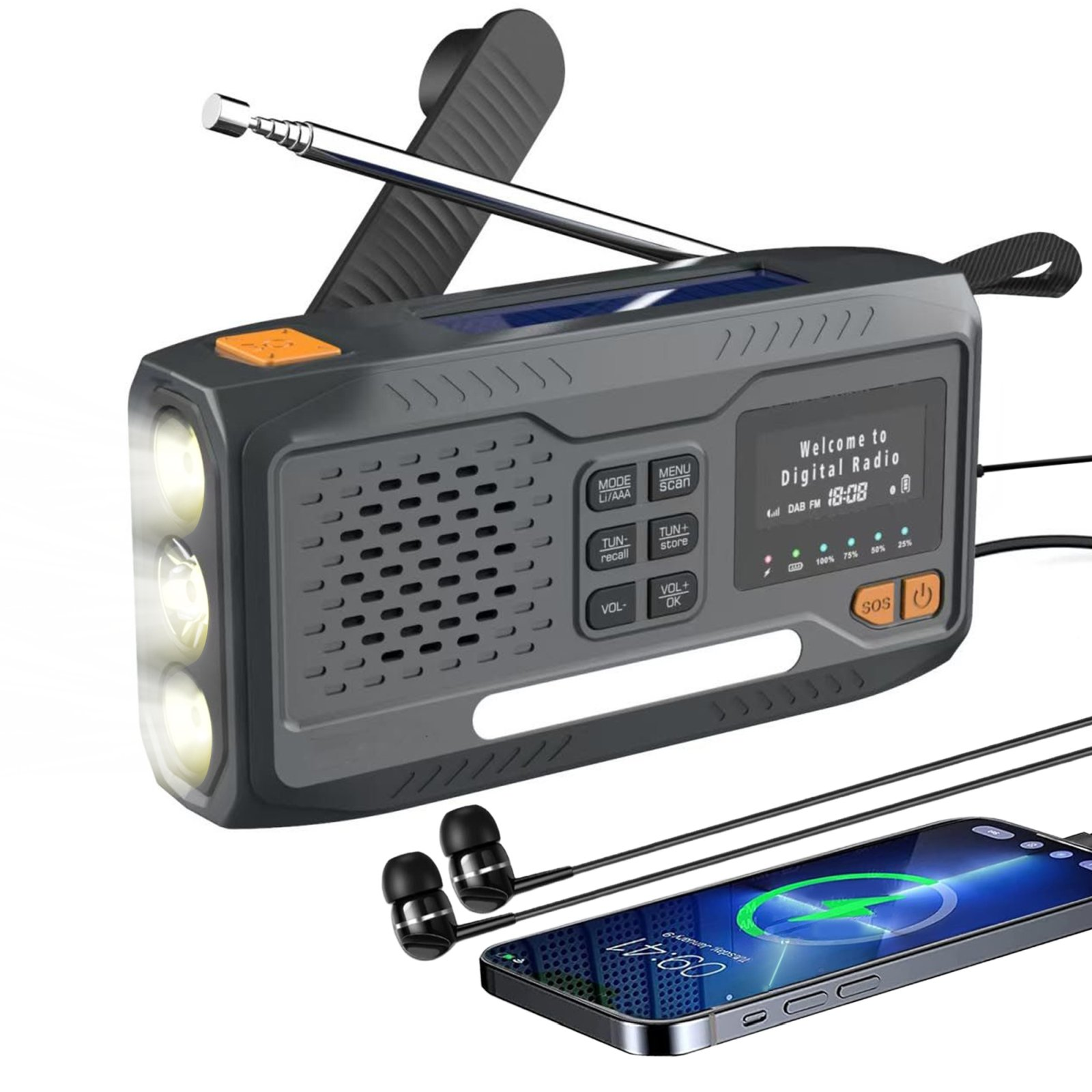 Szare radio awaryjne z anteną, wbudowaną latarką LED i podłączonym smartfonem.