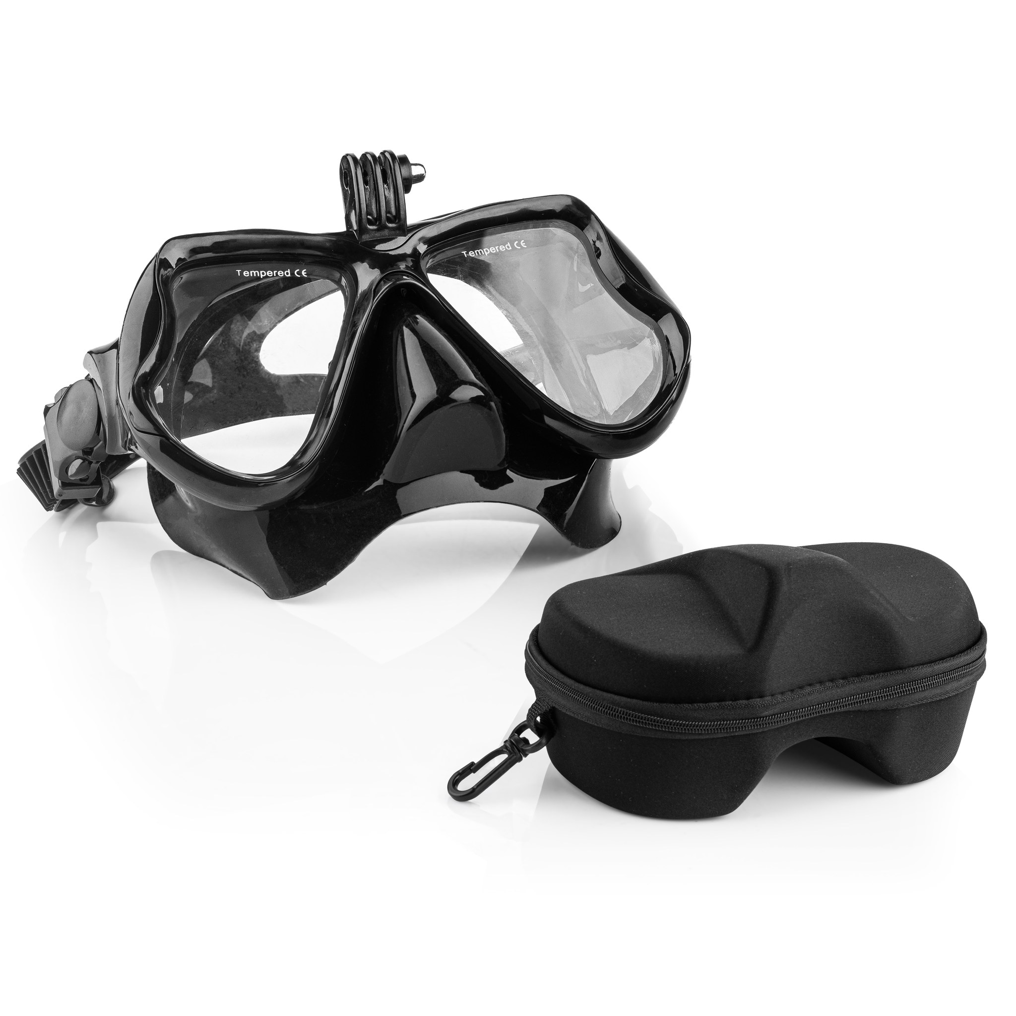 Zwarte duikmasker met camerabevestiging en bijpassende hardcase op een witte achtergrond.