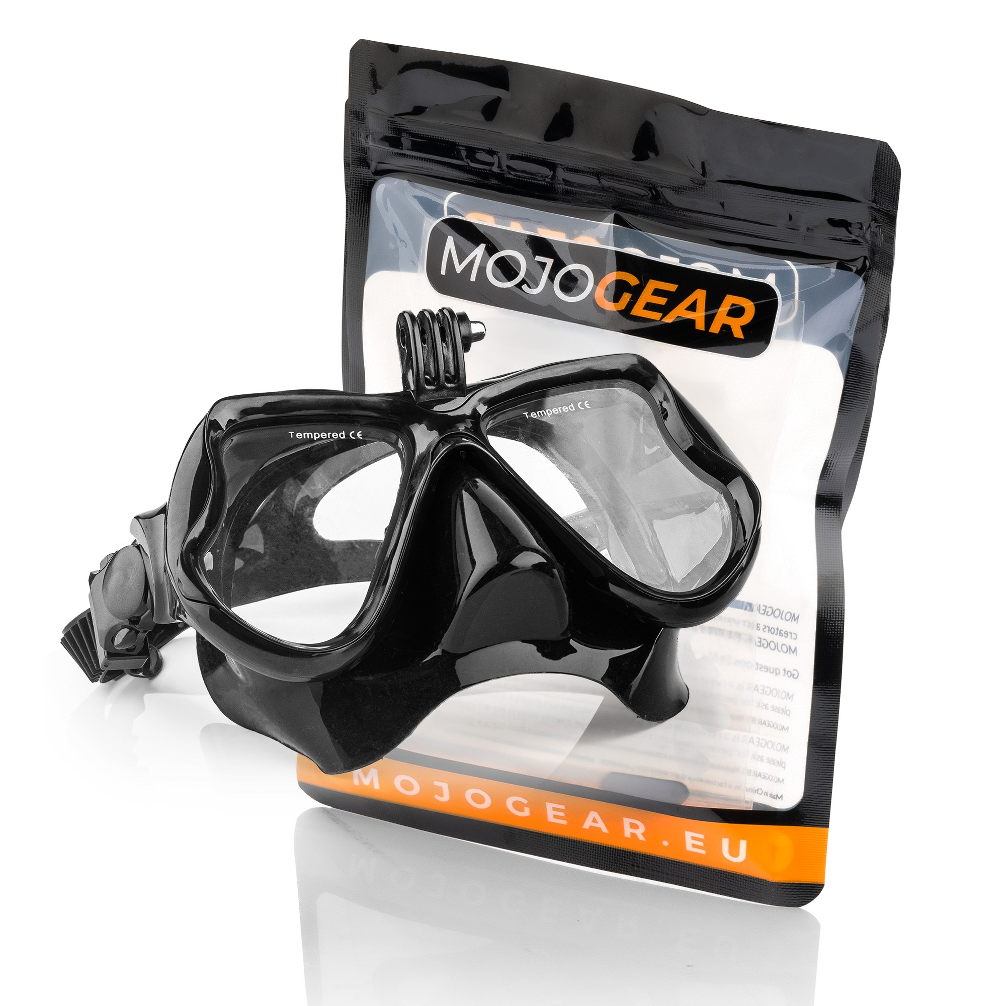 Zwarte duikmasker met camerabevestiging voor een Mojo Gear verpakking.