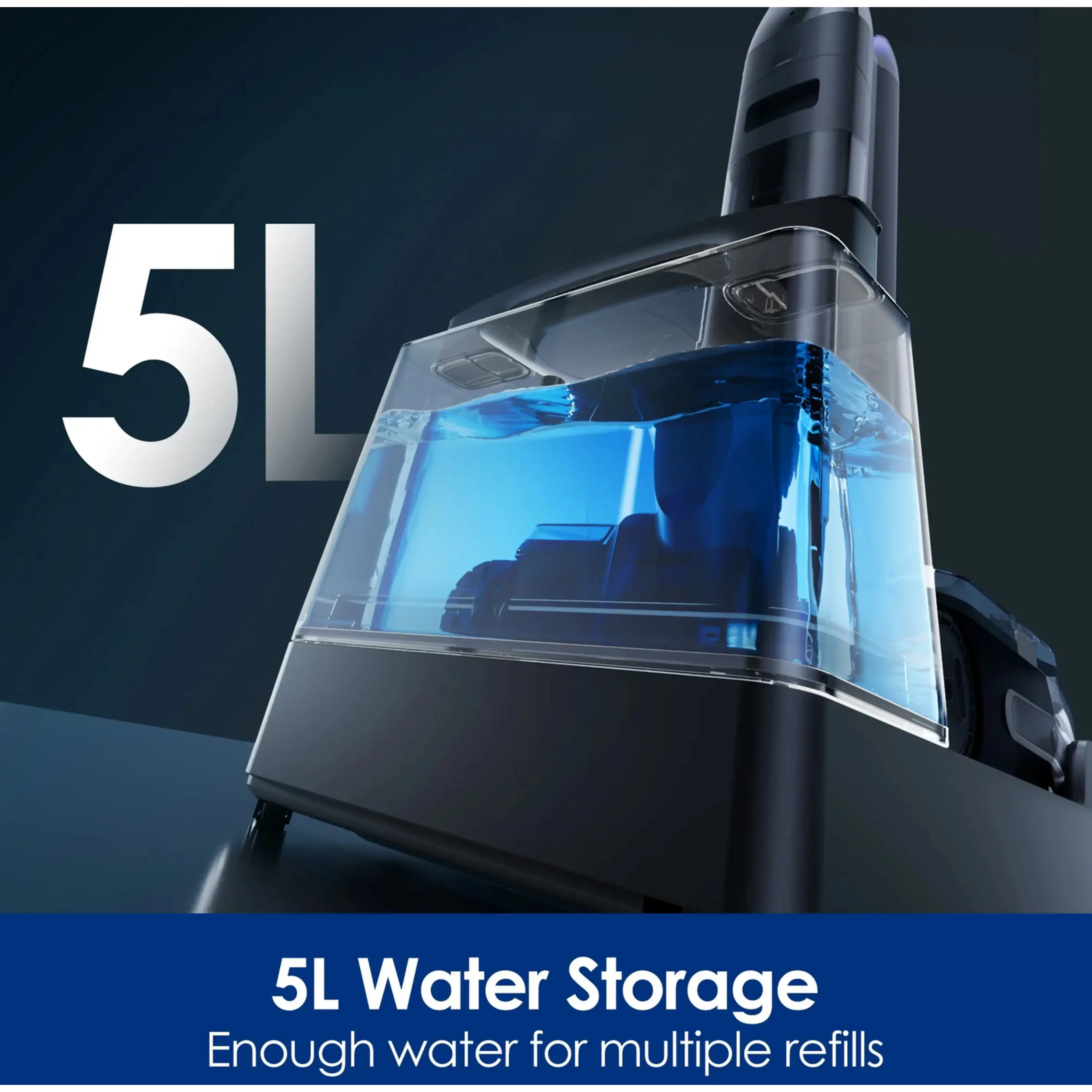 Un réservoir d'eau de 5L sur une base sombre avec du texte bleu.