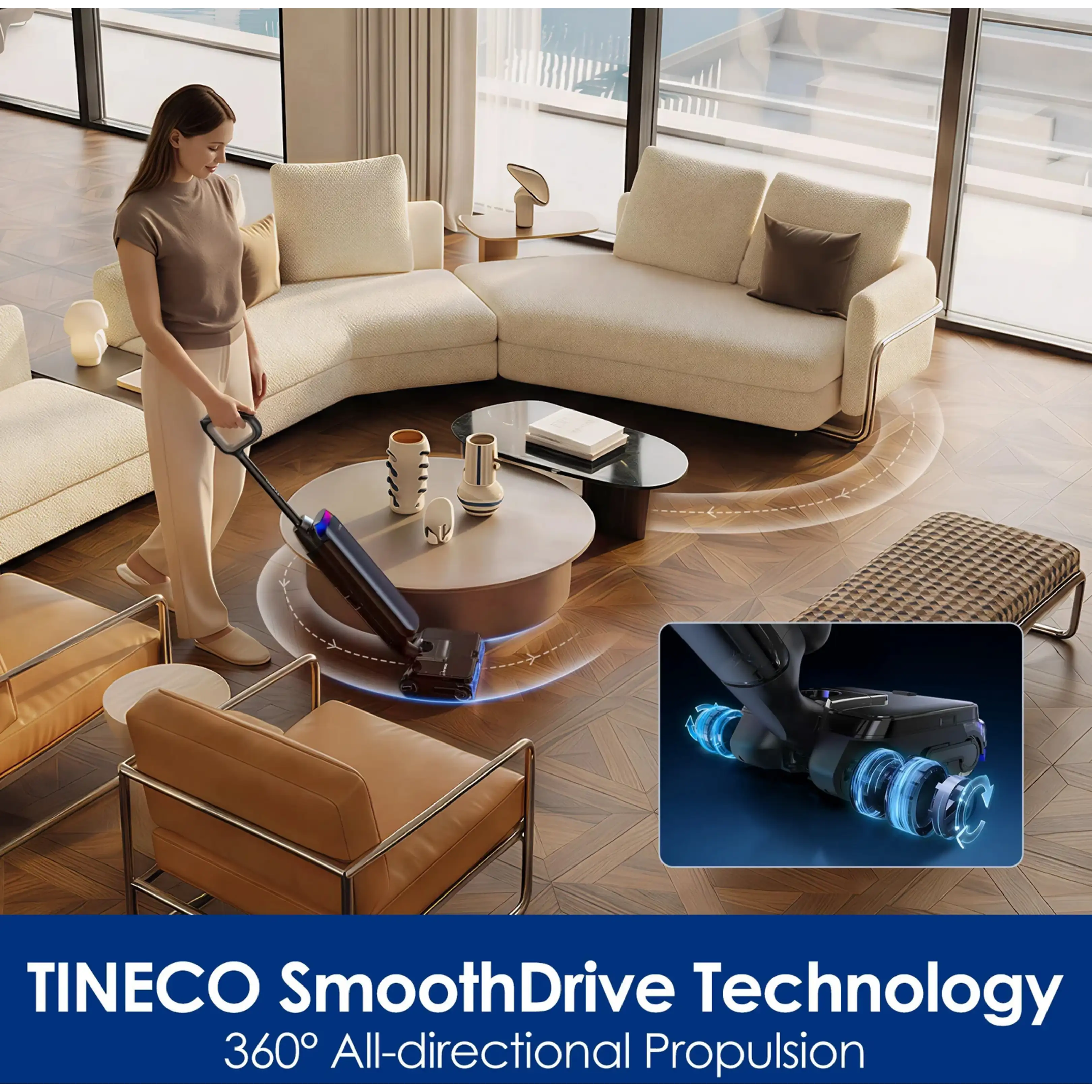 Une femme utilise un aspirateur Tineco dans un salon doté de la technologie à 360 degrés.