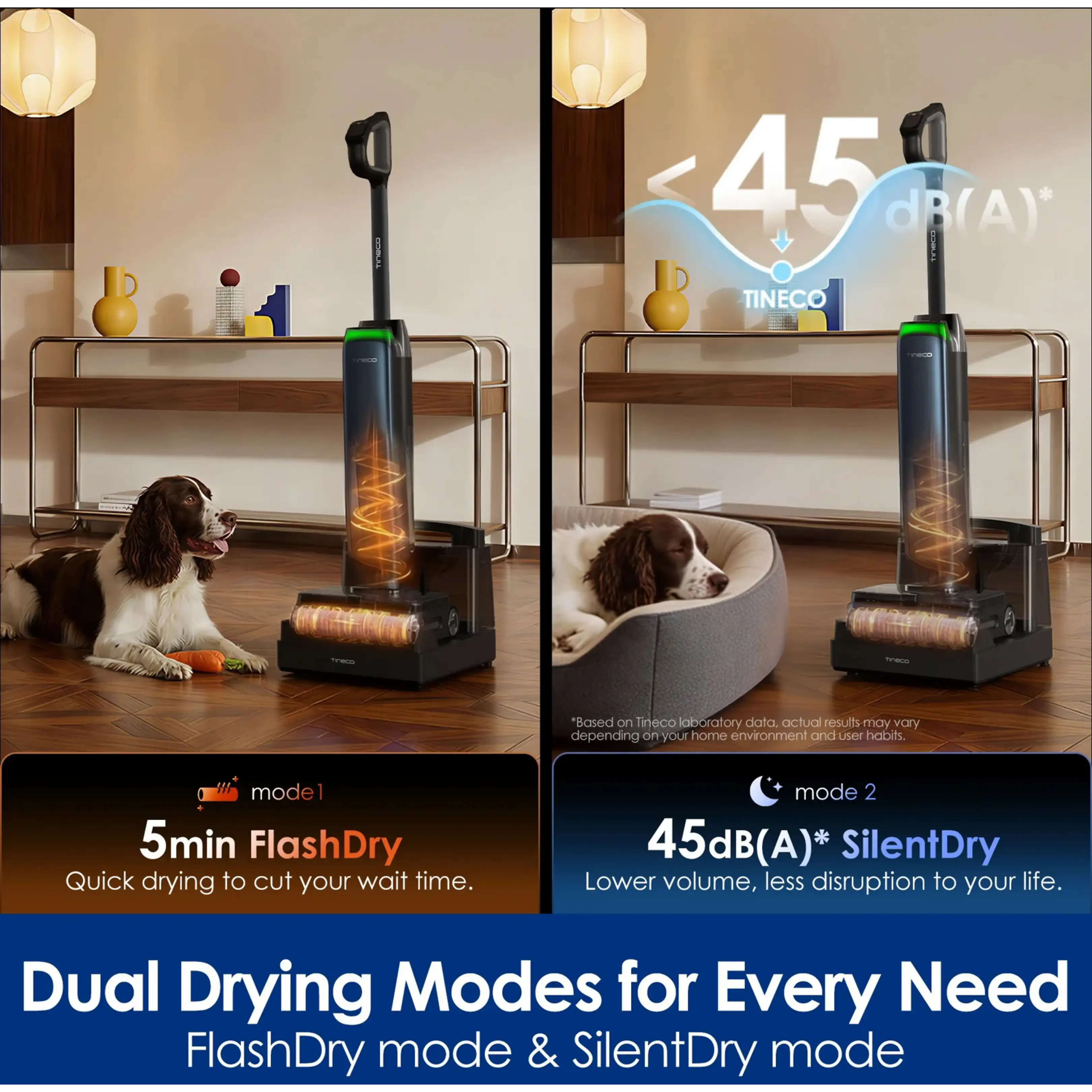 Un aspirateur présente deux modes de séchage : FlashDry 5 min et SilentDry silencieux sous 45 dB.