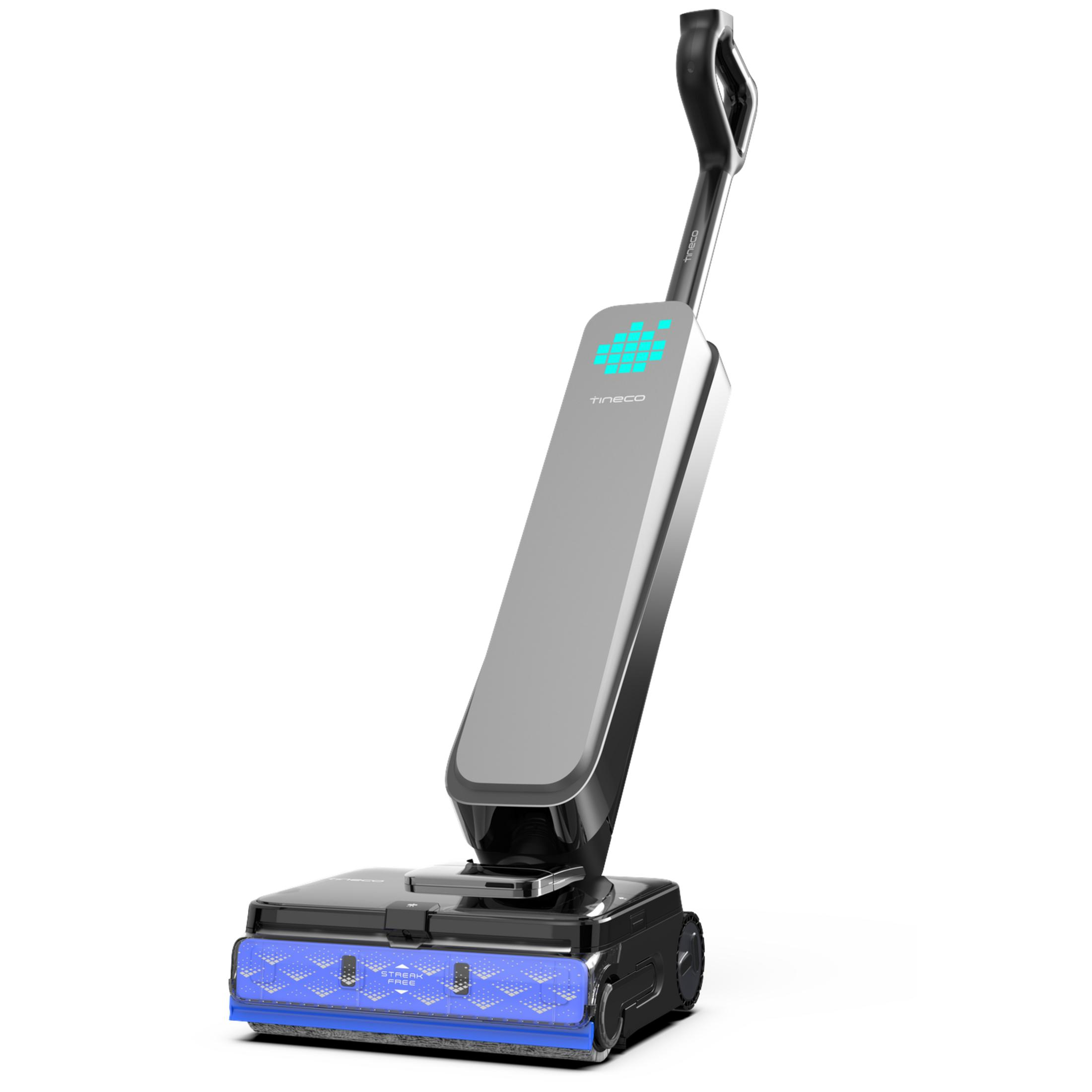 Un nettoyeur de sol Tineco noir et gris avec une tête de brosse bleue lumineuse sur fond blanc.