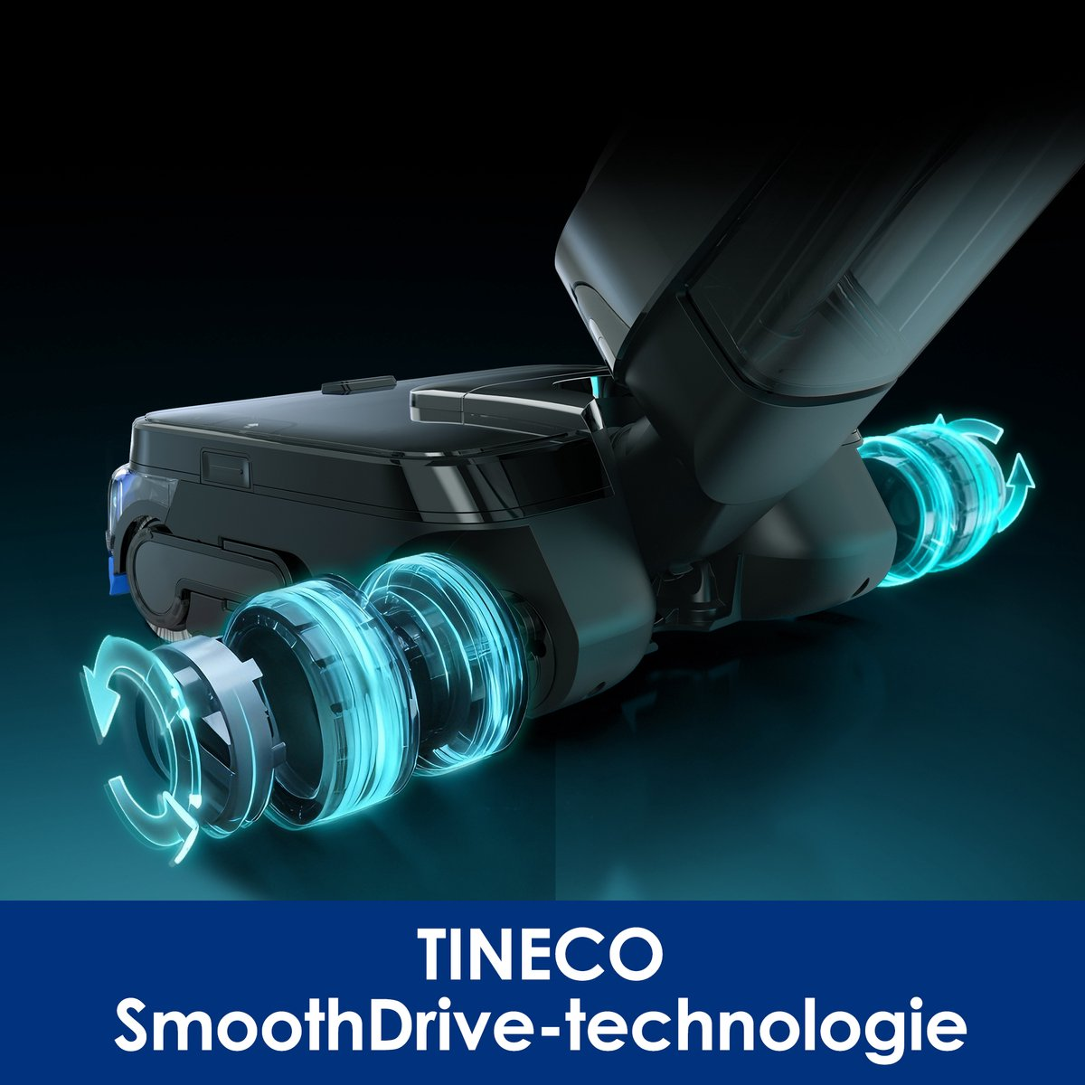 Une base d'aspirateur Tineco noire avec des roues animées bleu lumineux illustrant sa technologie SmoothDrive.