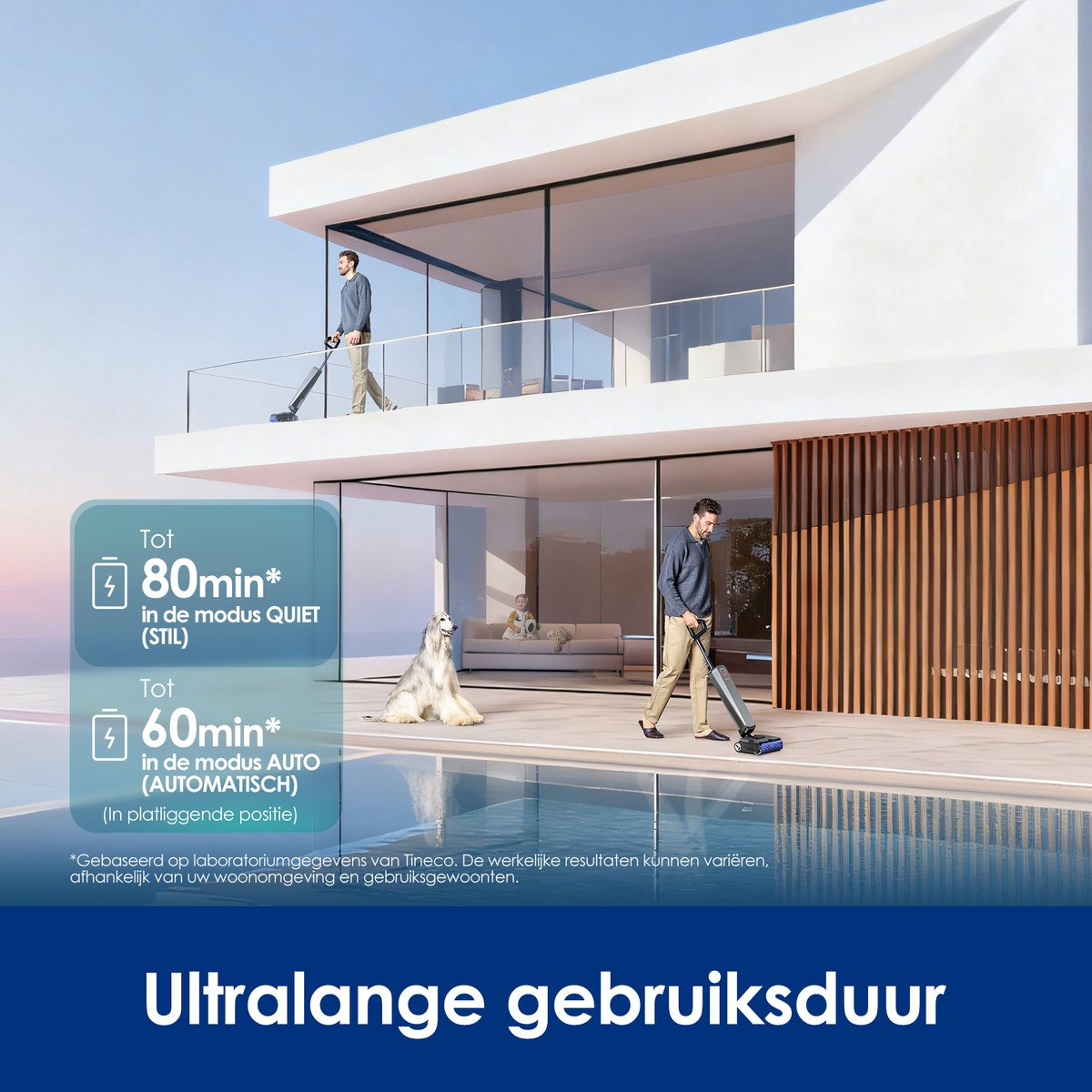 Villa moderne avec piscine où des hommes nettoient avec des appareils Tineco, un chien et du texte sur l'autonomie.