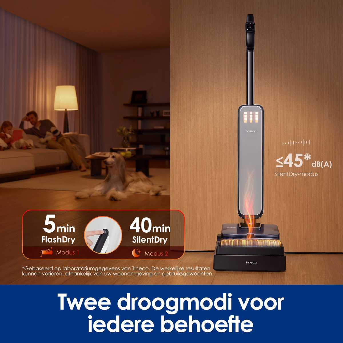 Aspirateur Tineco sur une station avec deux modes de séchage dans une pièce avec une famille en arrière-plan.