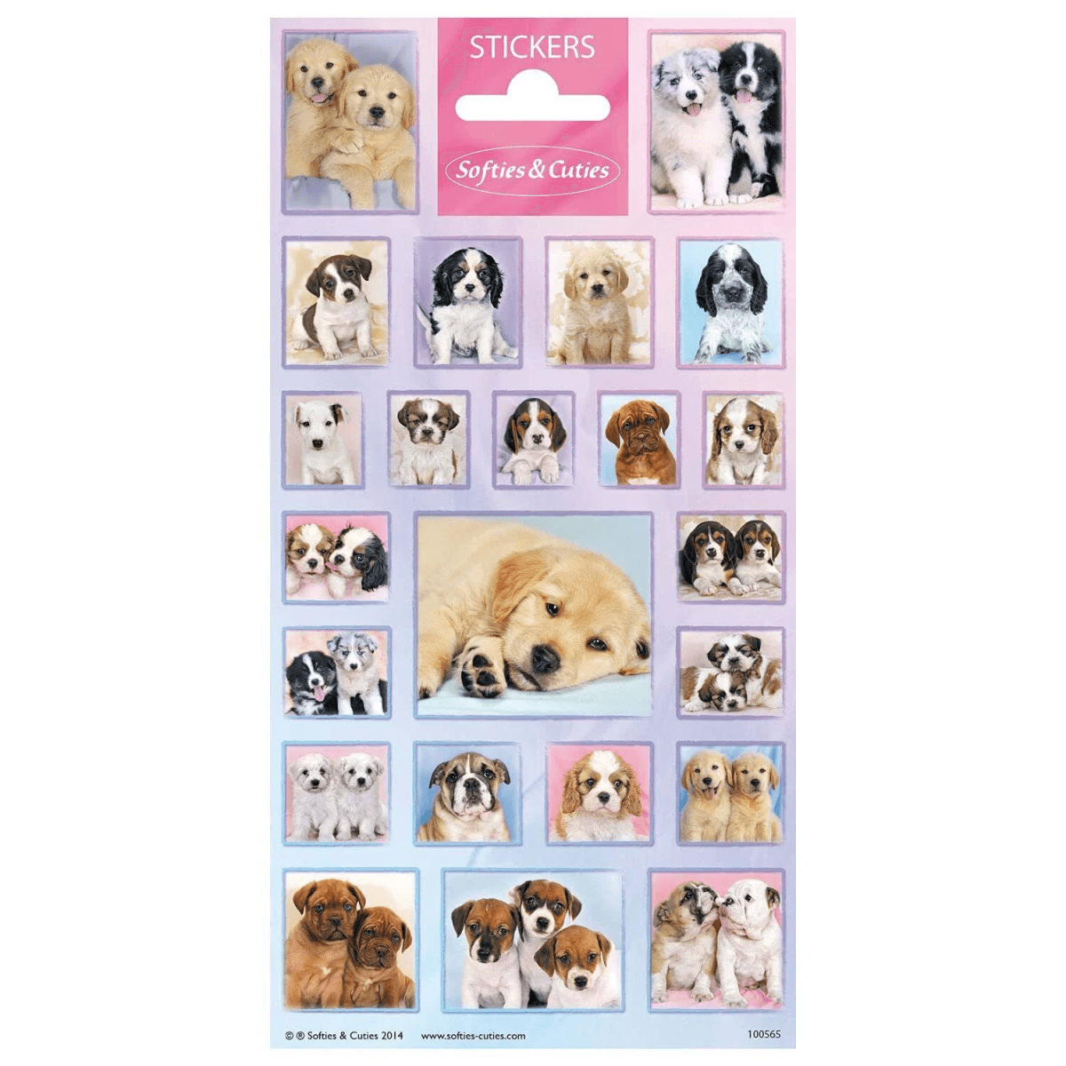 Una hoja de pegatinas titulada Softies & Cuties con varias fotos de cachorros lindos sobre un fondo rosa y azul.