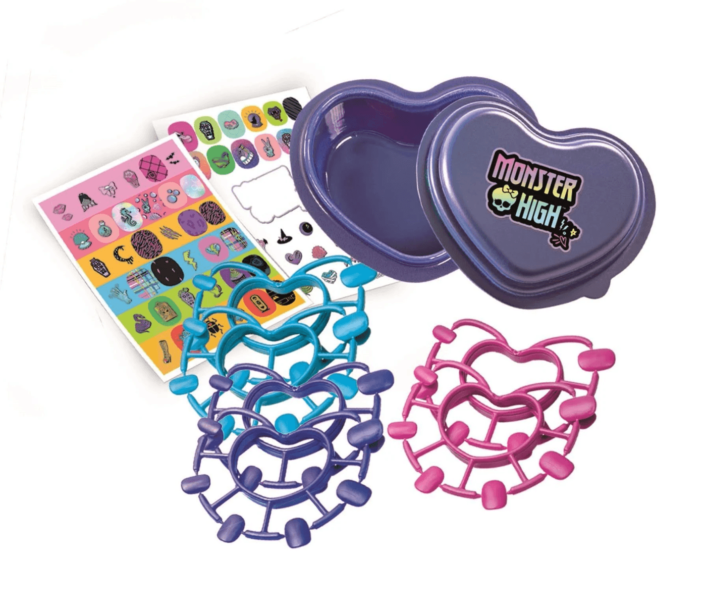 Set de manualidades Monster High con caja morada en forma de corazón, pegatinas y uñas postizas en azul y rosa.