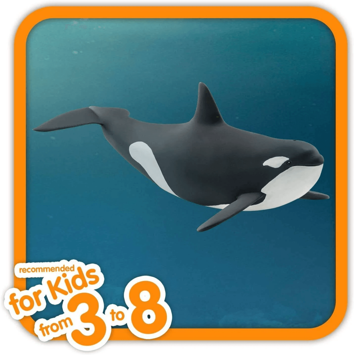 Una orca en blanco y negro nada en agua azul. Abajo a la izquierda dice 'recommended for Kids from 3 to 8'.