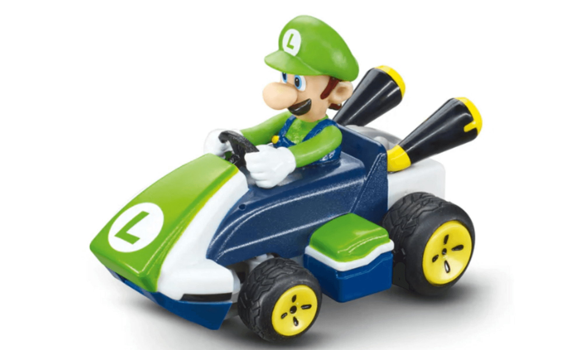Un giocattolo di Luigi che guida un kart blu e verde con ruote gialle e due propulsori neri.