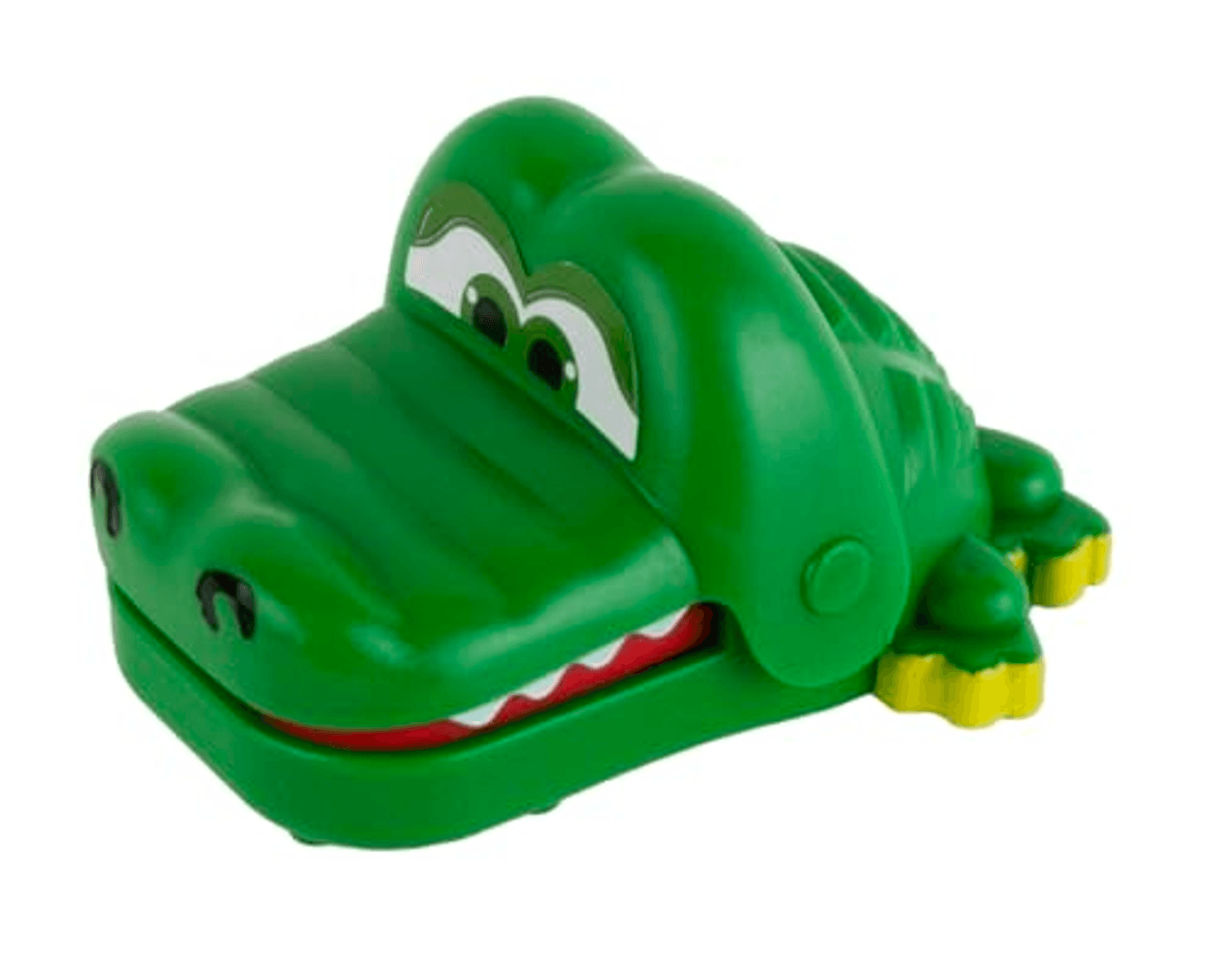 Un jouet alligateur en plastique vert avec de grands yeux blancs et des dents rouges sur fond blanc.