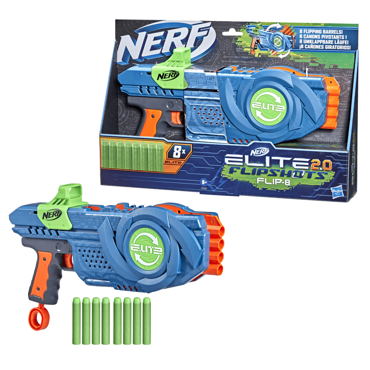 Blaster Nerf Elite 2.0 Flip-8 blu e arancione con mirino verde e otto dardi in schiuma verdi, mostrato con la scatola.