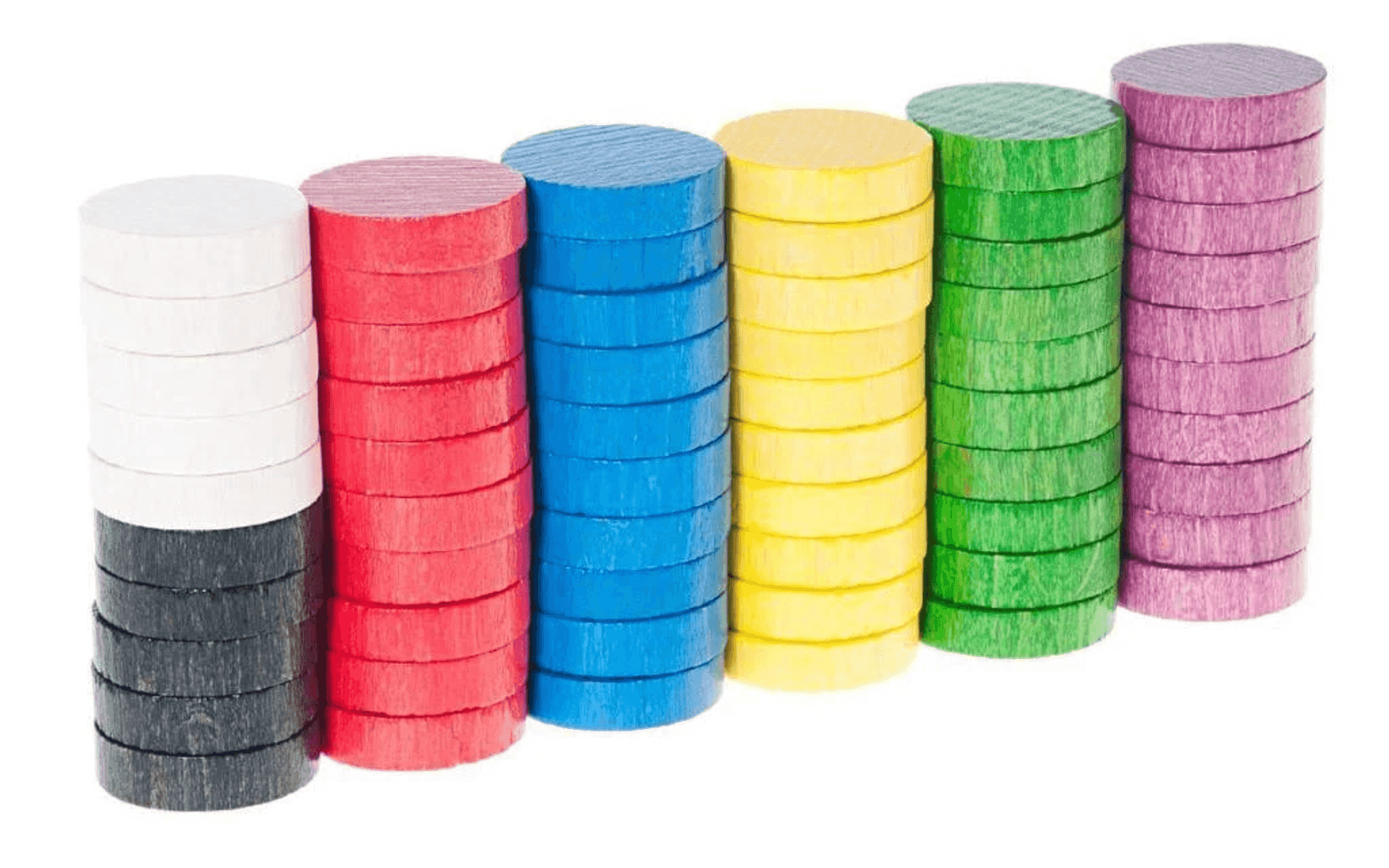 Seis pilas coloridas de cilindros de madera blancos/negros, rojos, azules, amarillos, verdes y morados.